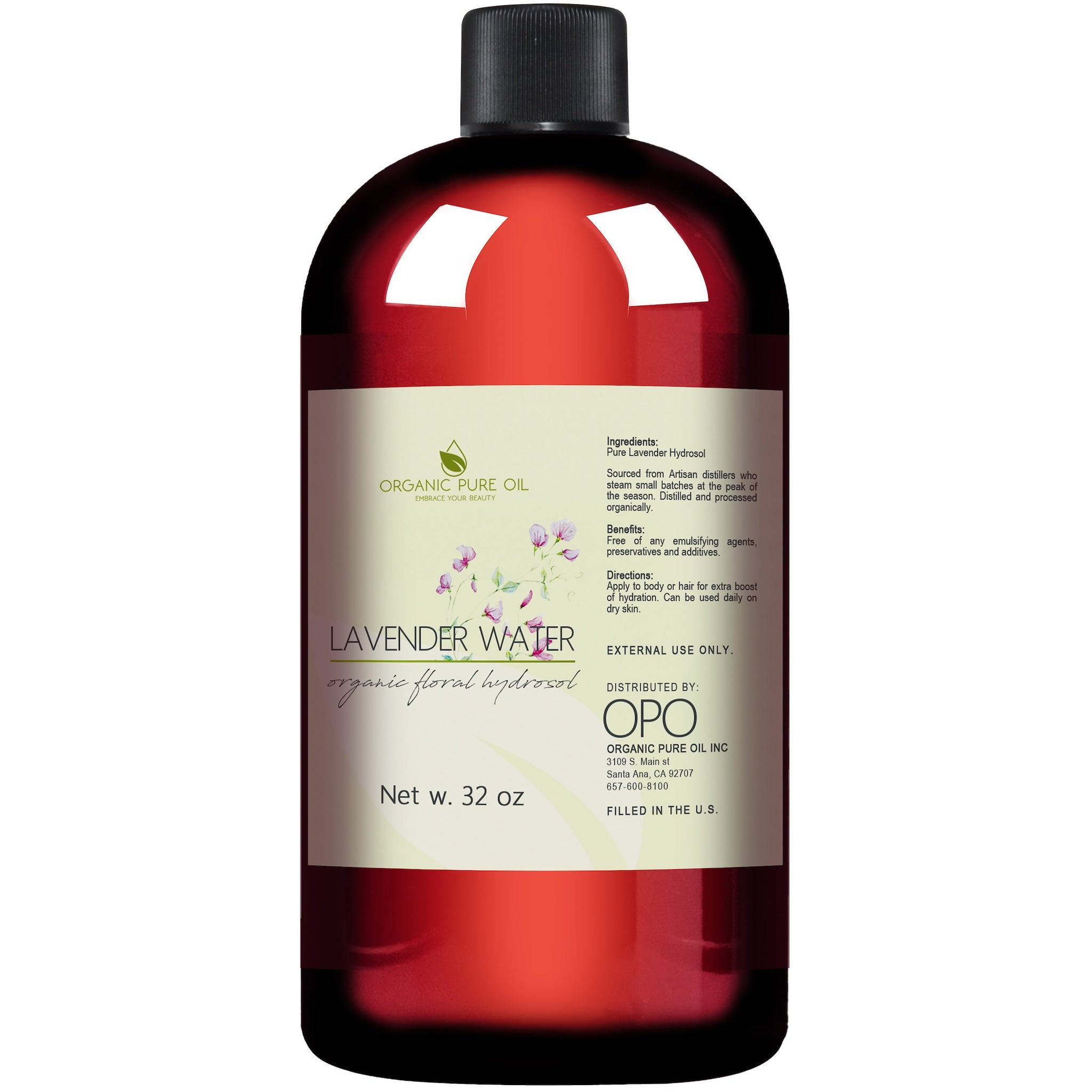 Lavender water bottle, red glass, black cap, with OPO brand label and text
