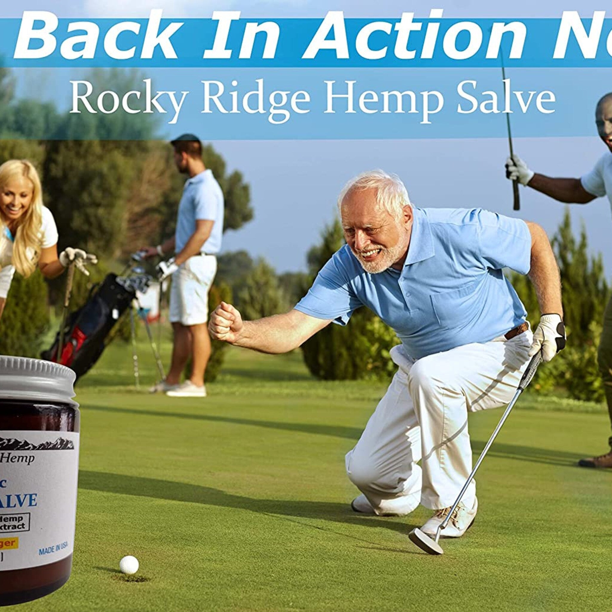Rocky Ridge Hemp Salve jar, brown and white label, people playing golf on green grass