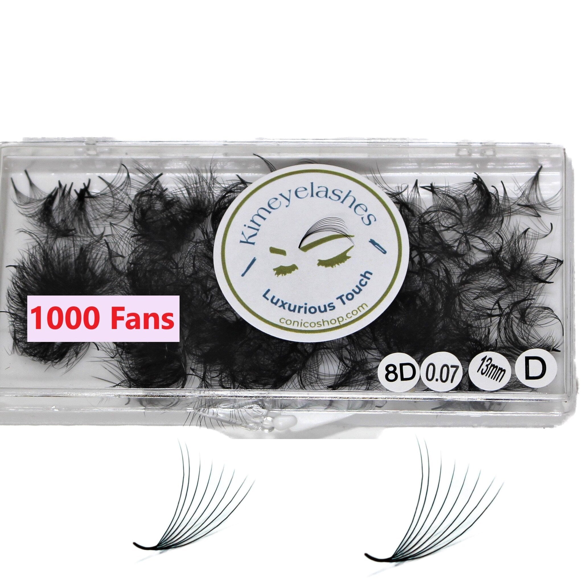 Eyelash extensions in black, packaged in clear plastic, Kimieyelashes brand, 1000 fans