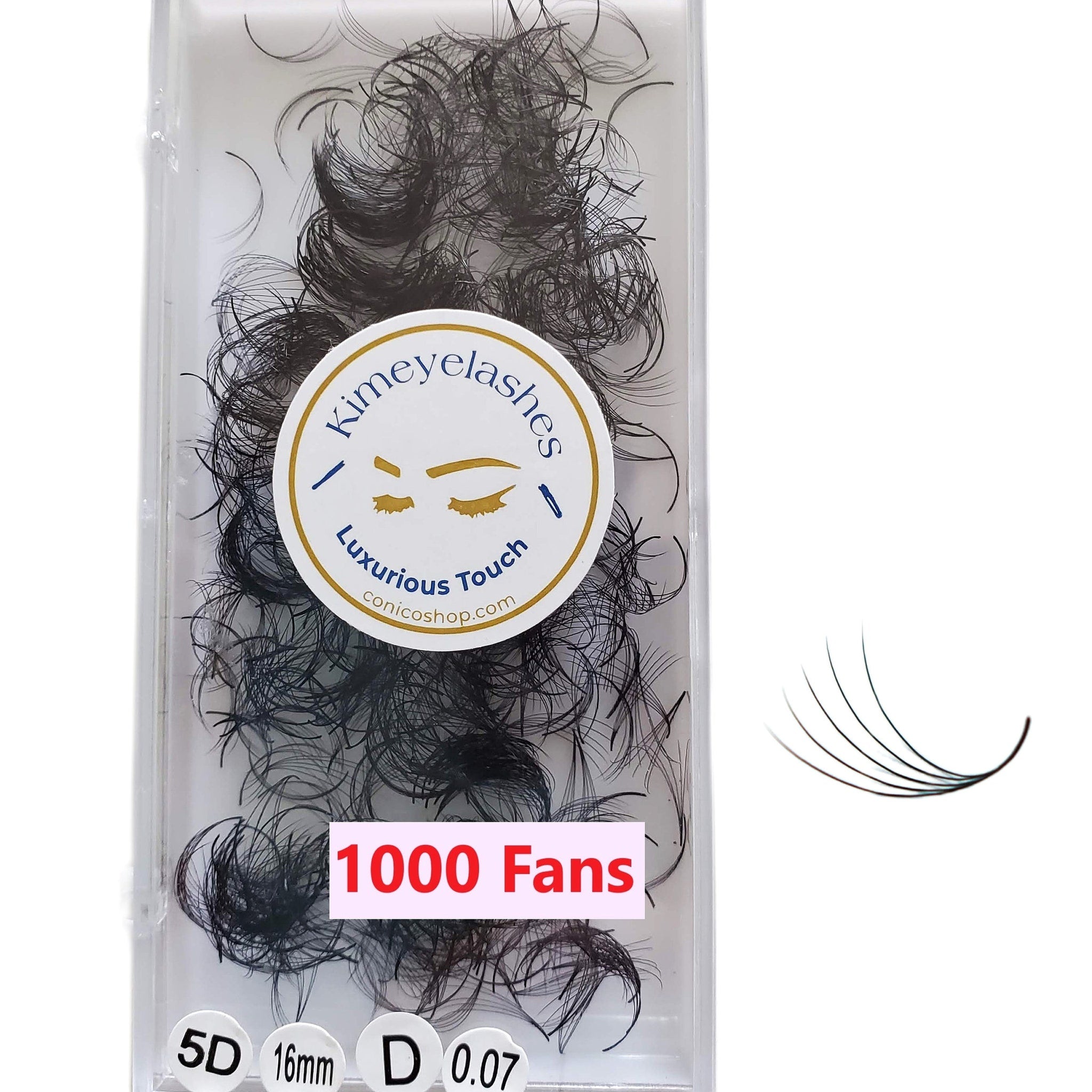 Eyelash extensions in black, fan style, with Kimieyelashes branding and "1000 Fans" label