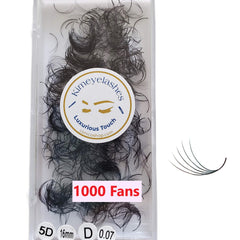 Eyelash extensions in black, fan style, with Kimieyelashes branding and "1000 Fans" label