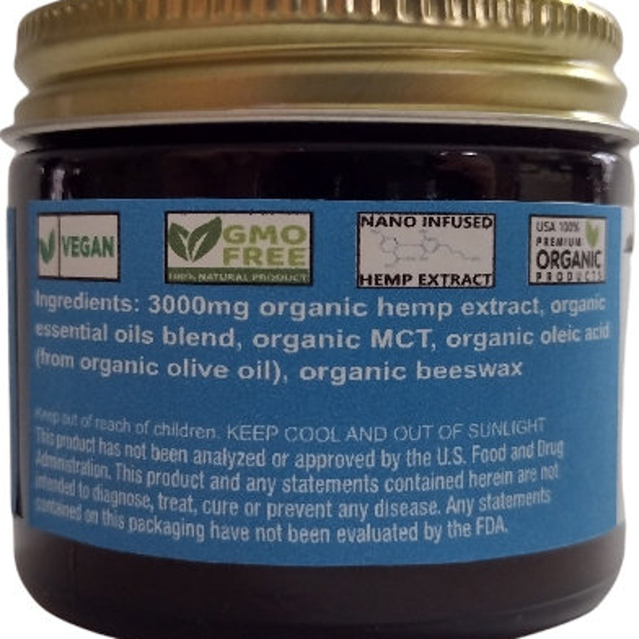 Hemp extract jar with gold lid, blue label, and white text for ingredients