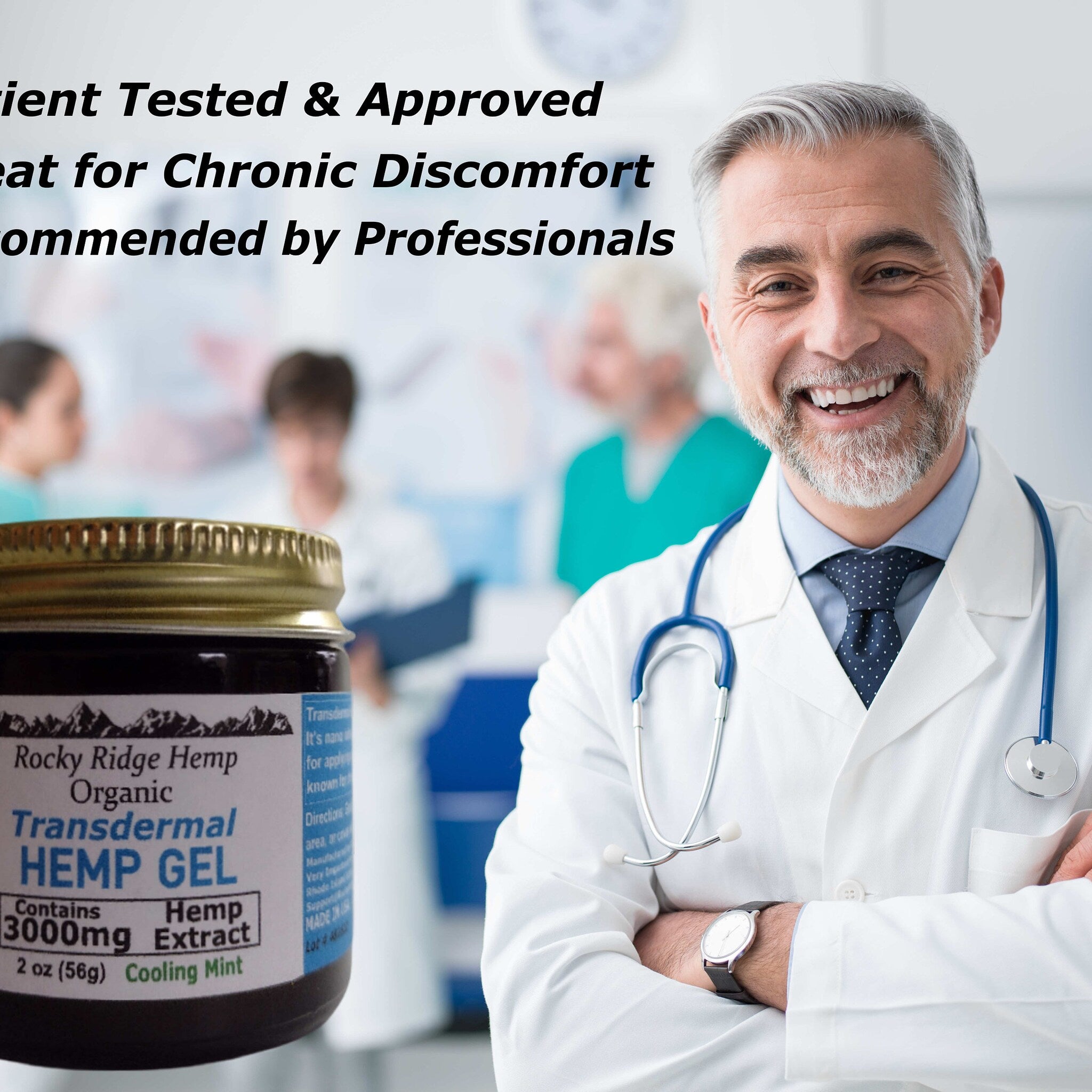 Hemp gel jar with gold lid, black label, and doctor in white coat with stethoscope