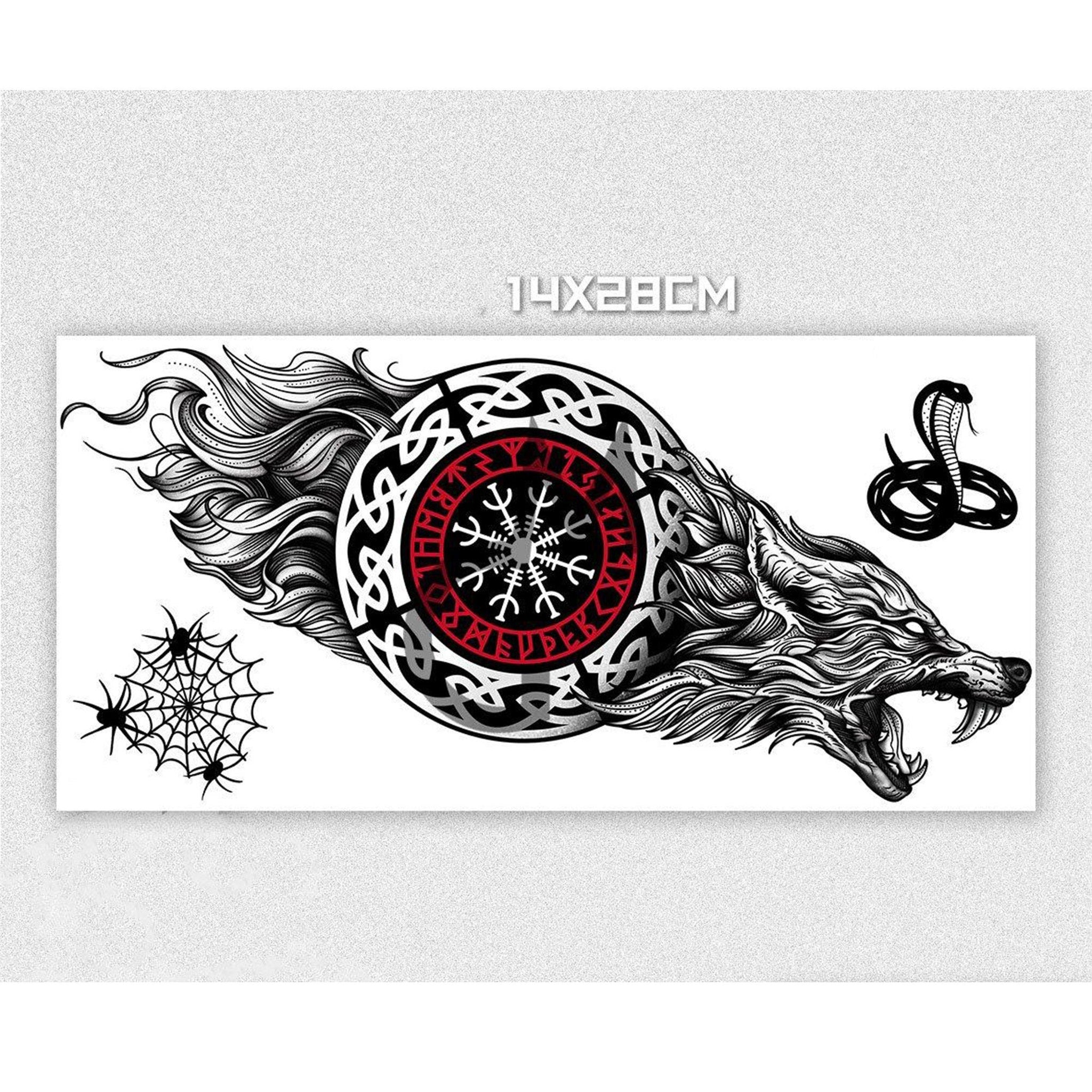 Close-up of skin-safe temporary tattoo sticker with intricate wolf and lion designs on 14x28cm sheet, showcasing fine details