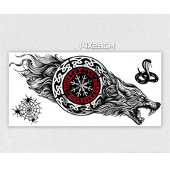 Close-up of skin-safe temporary tattoo sticker with intricate wolf and lion designs on 14x28cm sheet, showcasing fine details