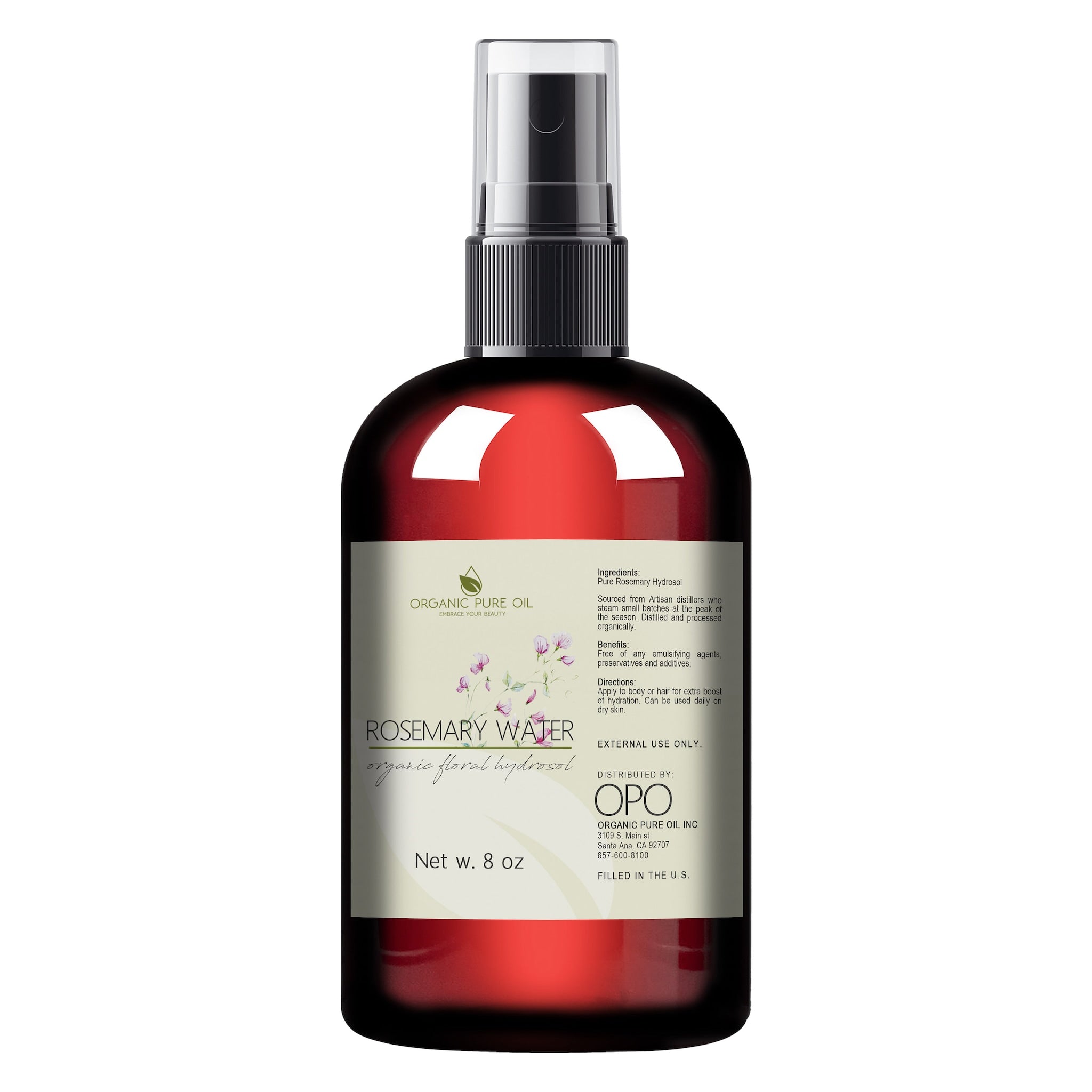 Rosemary water bottle with red liquid, black spray top, and white label with "OPO" text