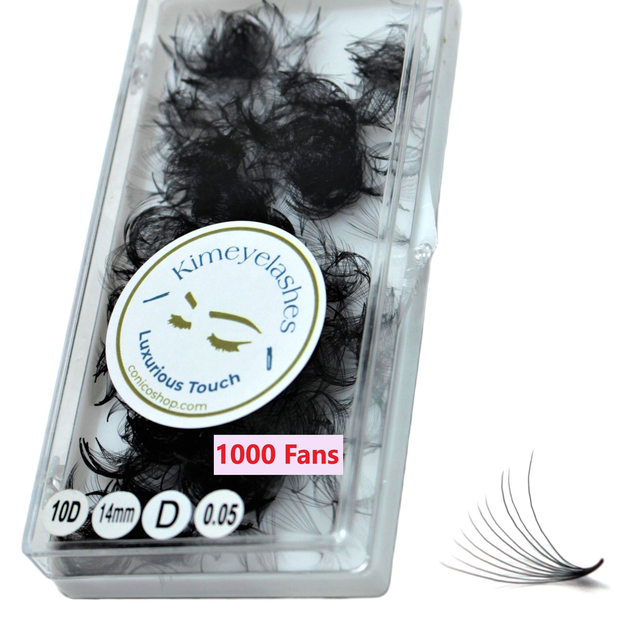 Eyelash extensions in black, packaged in a clear plastic case with Kimieyelashes branding and 1000 Fans label