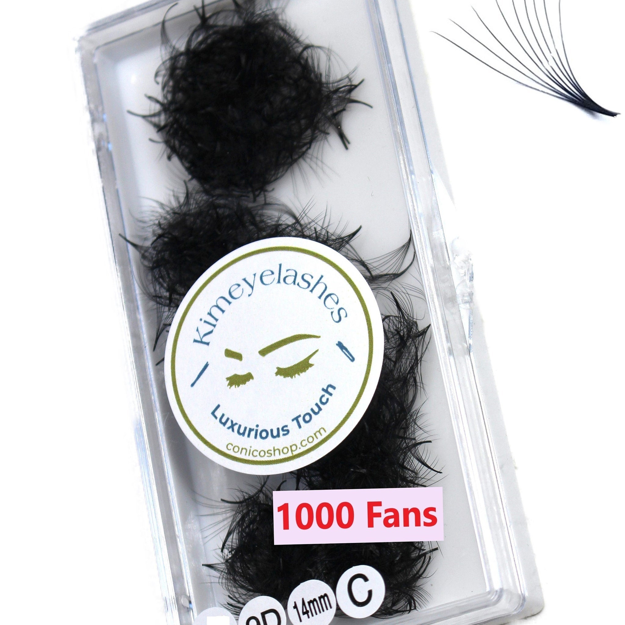 Eyelash extensions in black, packaged in a clear plastic case with Kimieyelashes branding and "1000 Fans" label