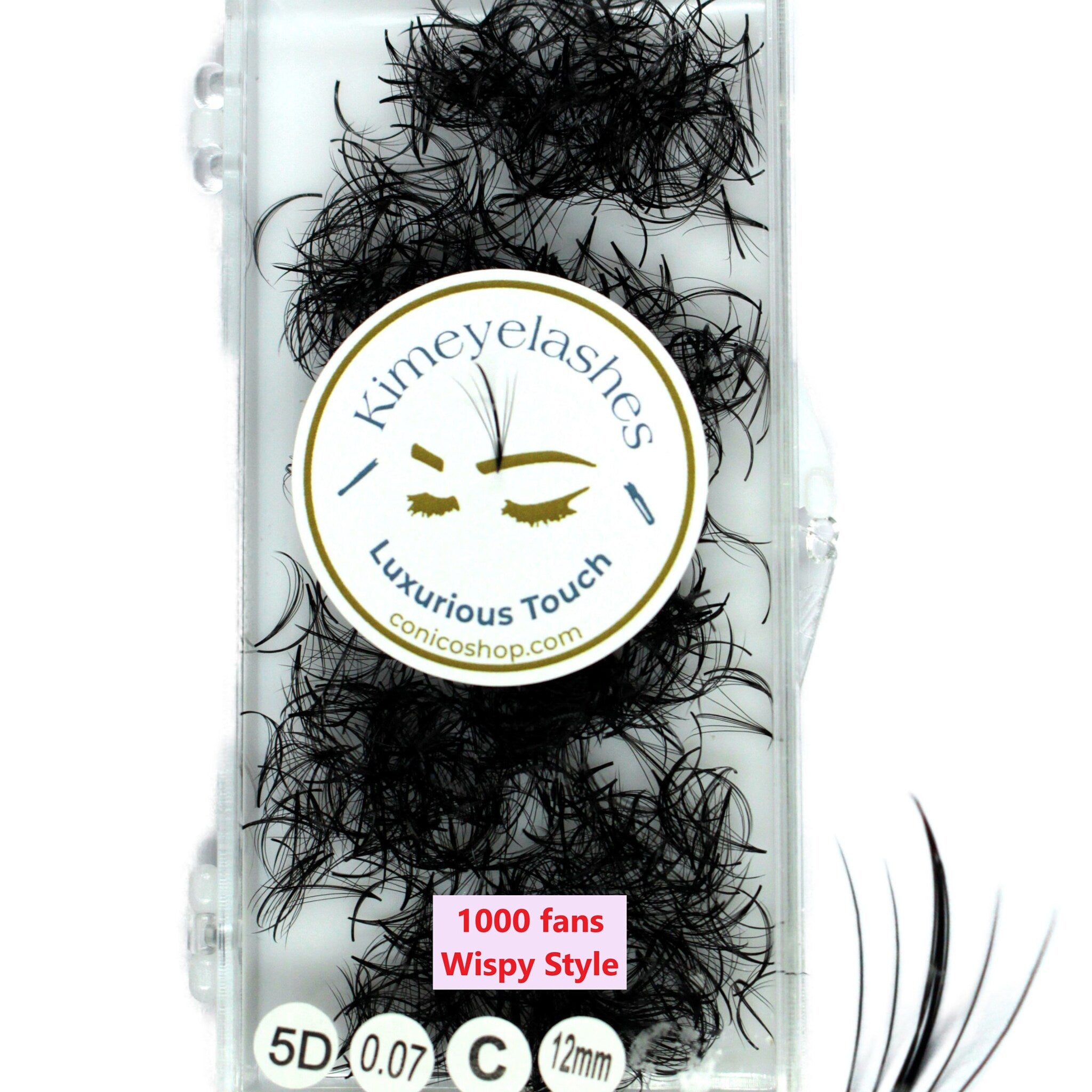 Eyelash extensions in black, wispy style, with Kimye Lashes branding in a clear case