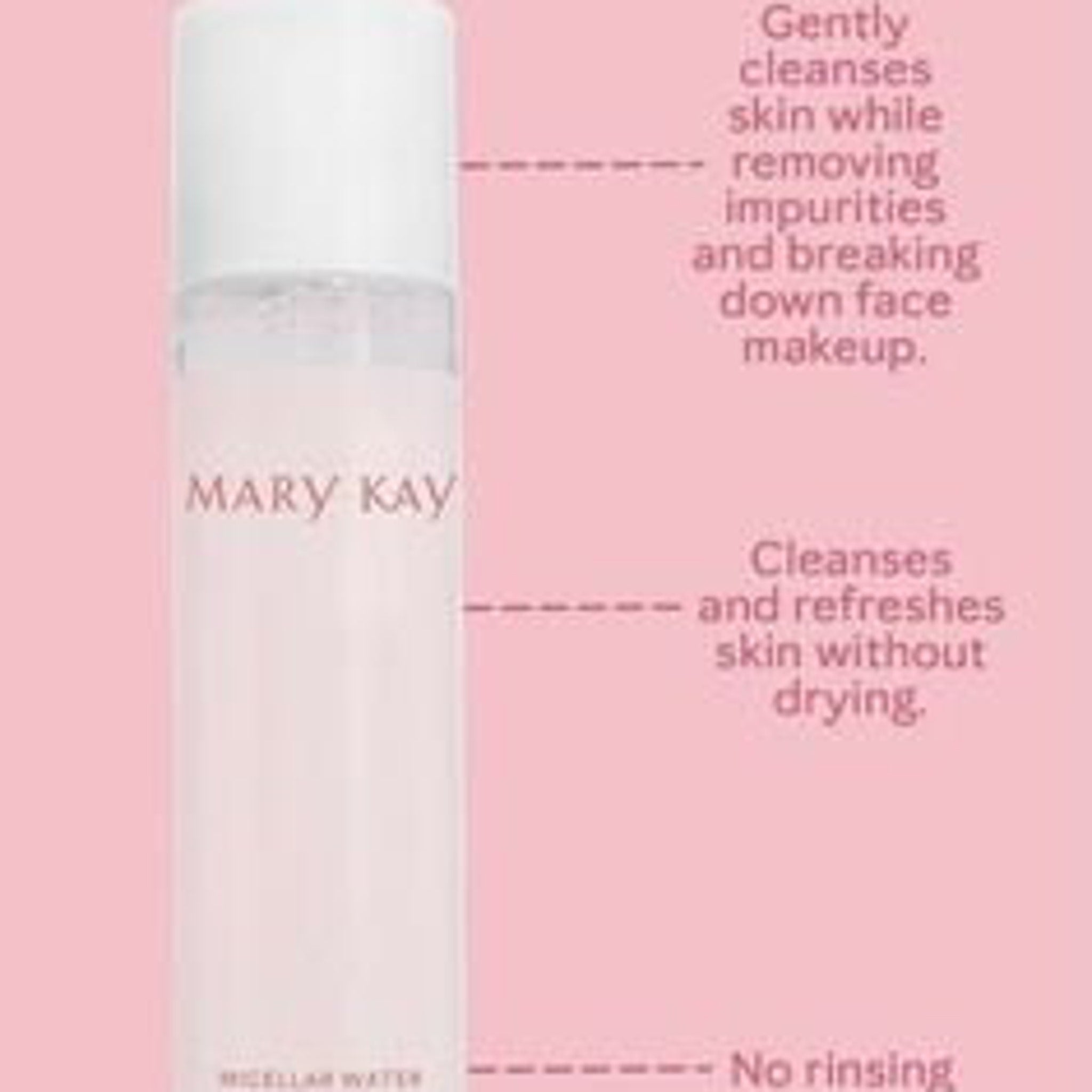 Micellar water bottle, white and pink, with Mary Kay branding, for cleansing skin