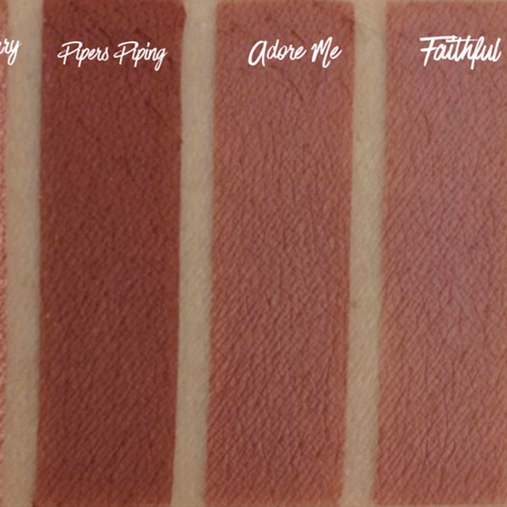 Lipstick swatches, brown and pink shades, textured finish, with "Pipers Piping" text visible