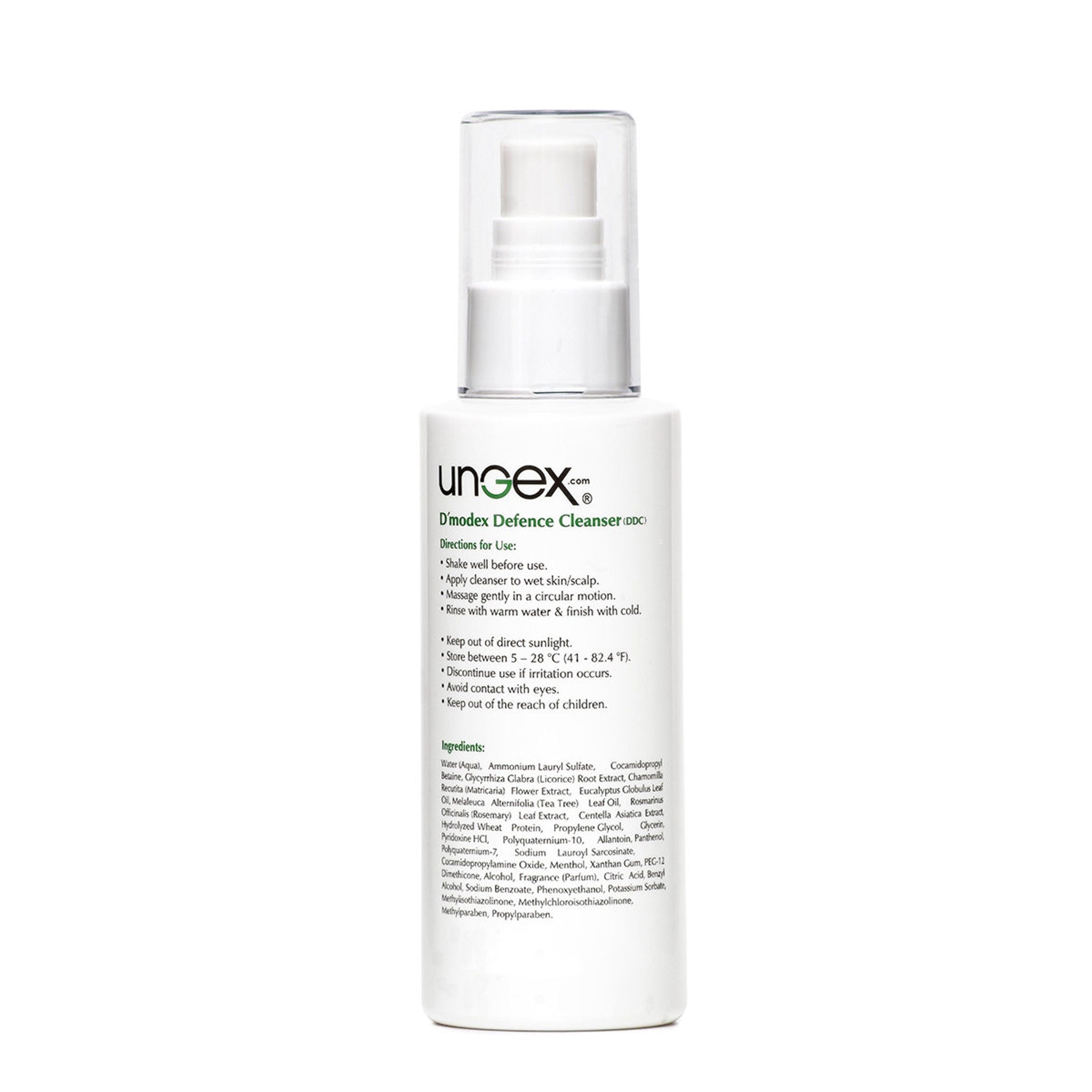 D'modex Defence Cleanser white bottle with pump, clear cap, and brand text