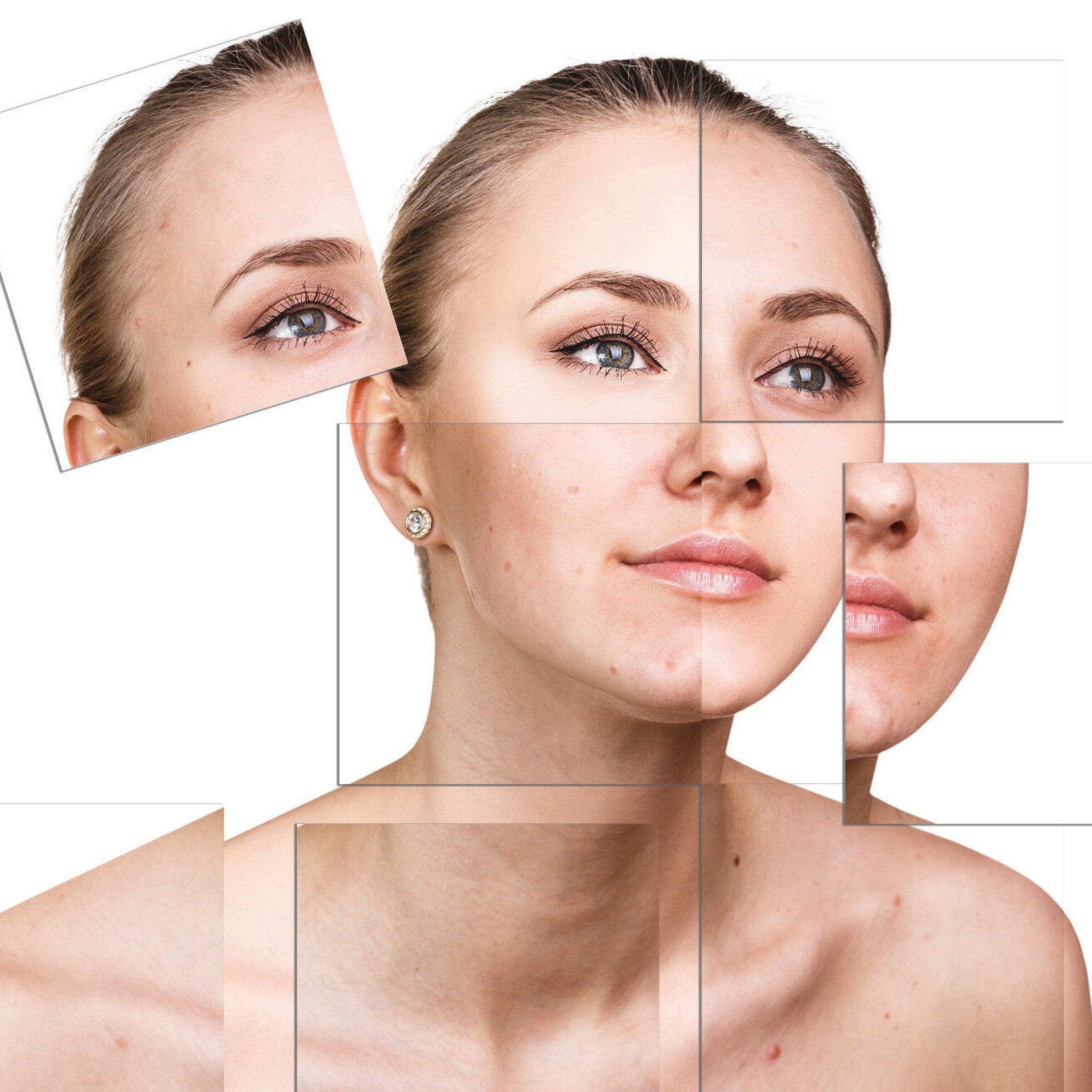 Woman's face in pieces with fair skin, brown hair, and eye makeup, showing before and after comparison