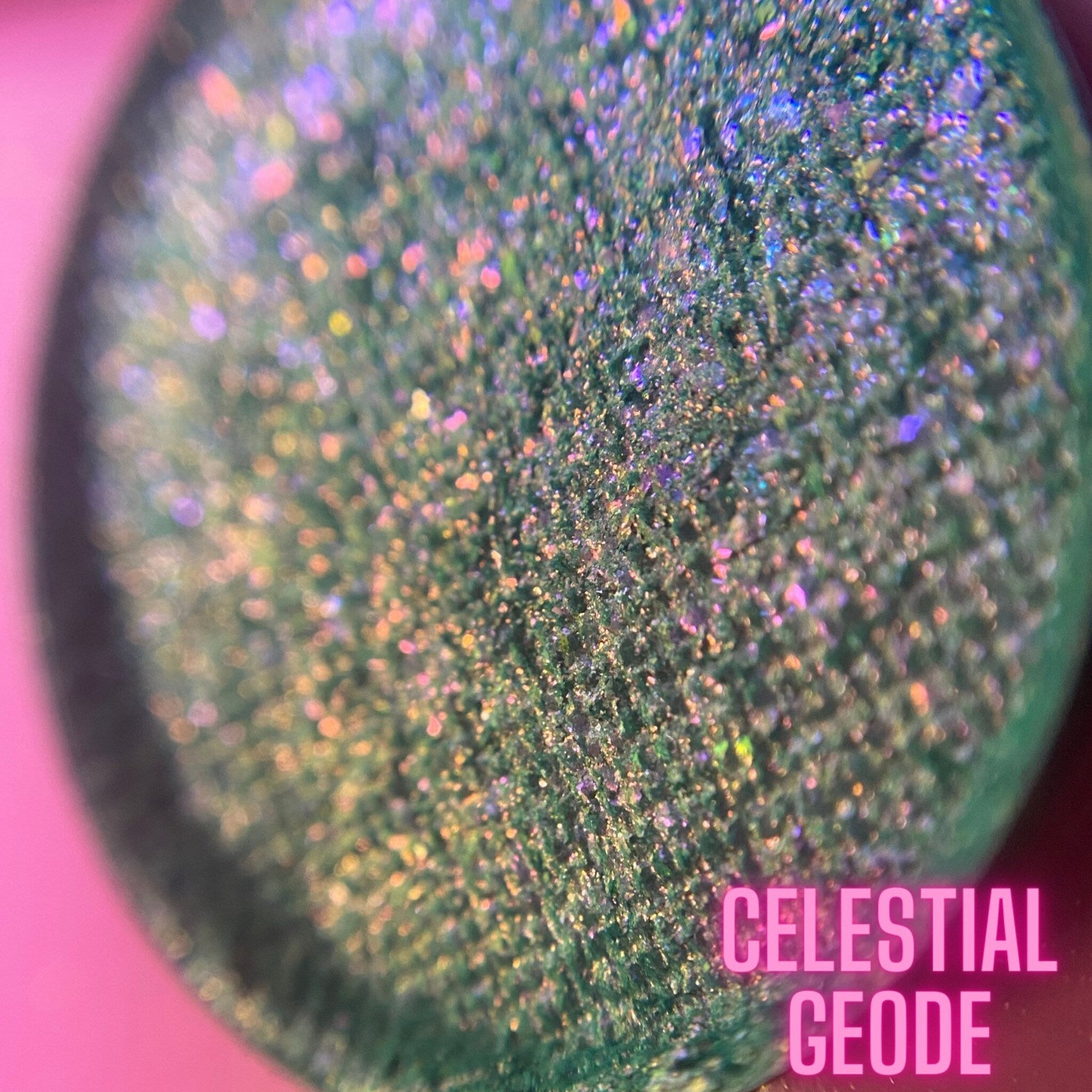 Celestial Geode glitter, green, purple, and gold iridescent shimmer, with Celestial Geode text