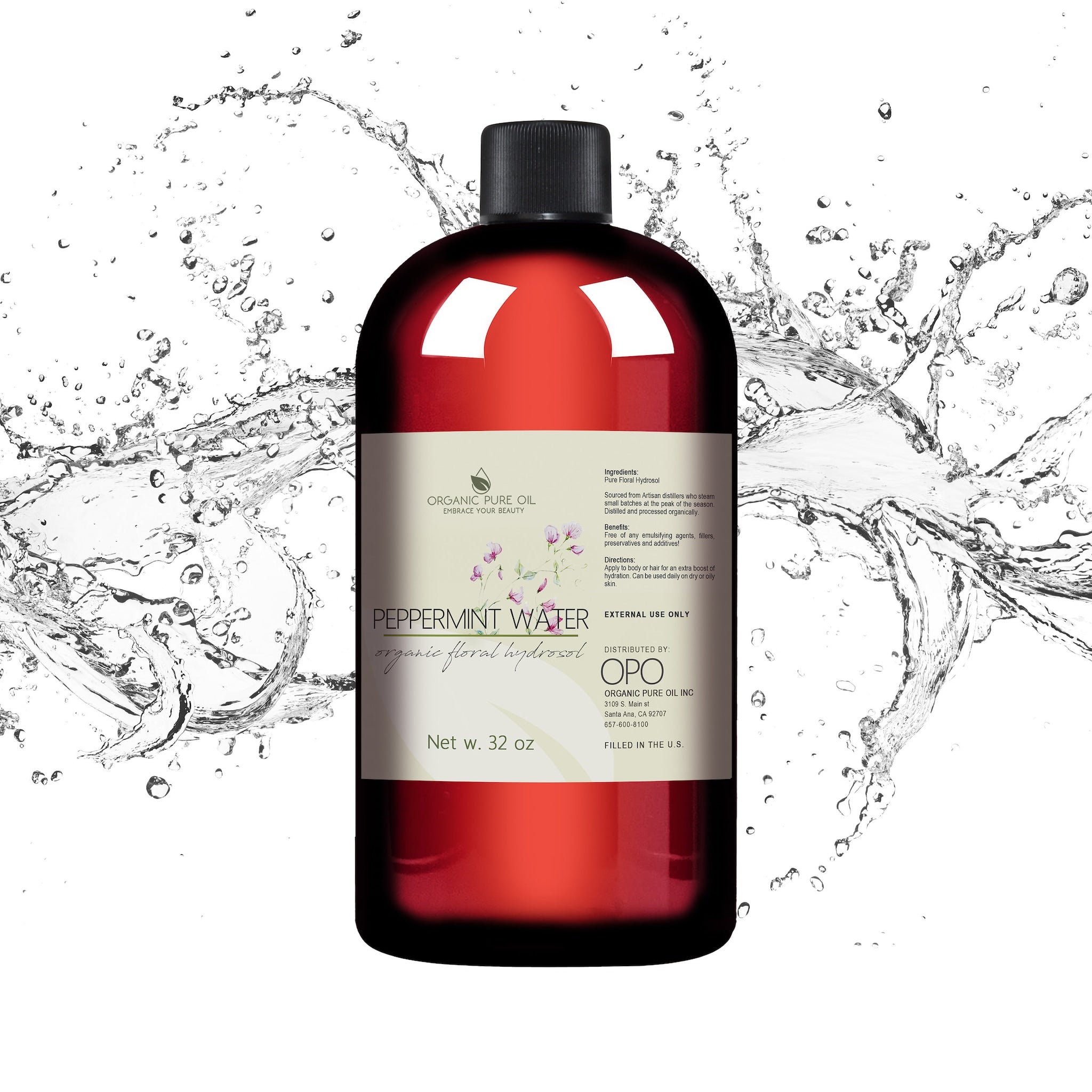 Facial cleanser bottle, red glass, black cap, water splash, Organic Pure Oil brand