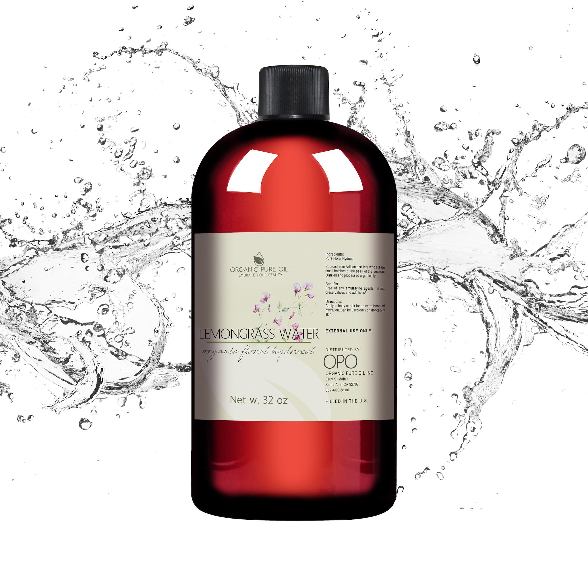 Toner: Red glass bottle with black cap, water splash, and Organic Pure Oil brand