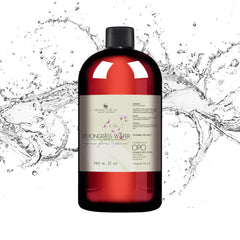Toner: Red glass bottle with black cap, water splash, and Organic Pure Oil brand