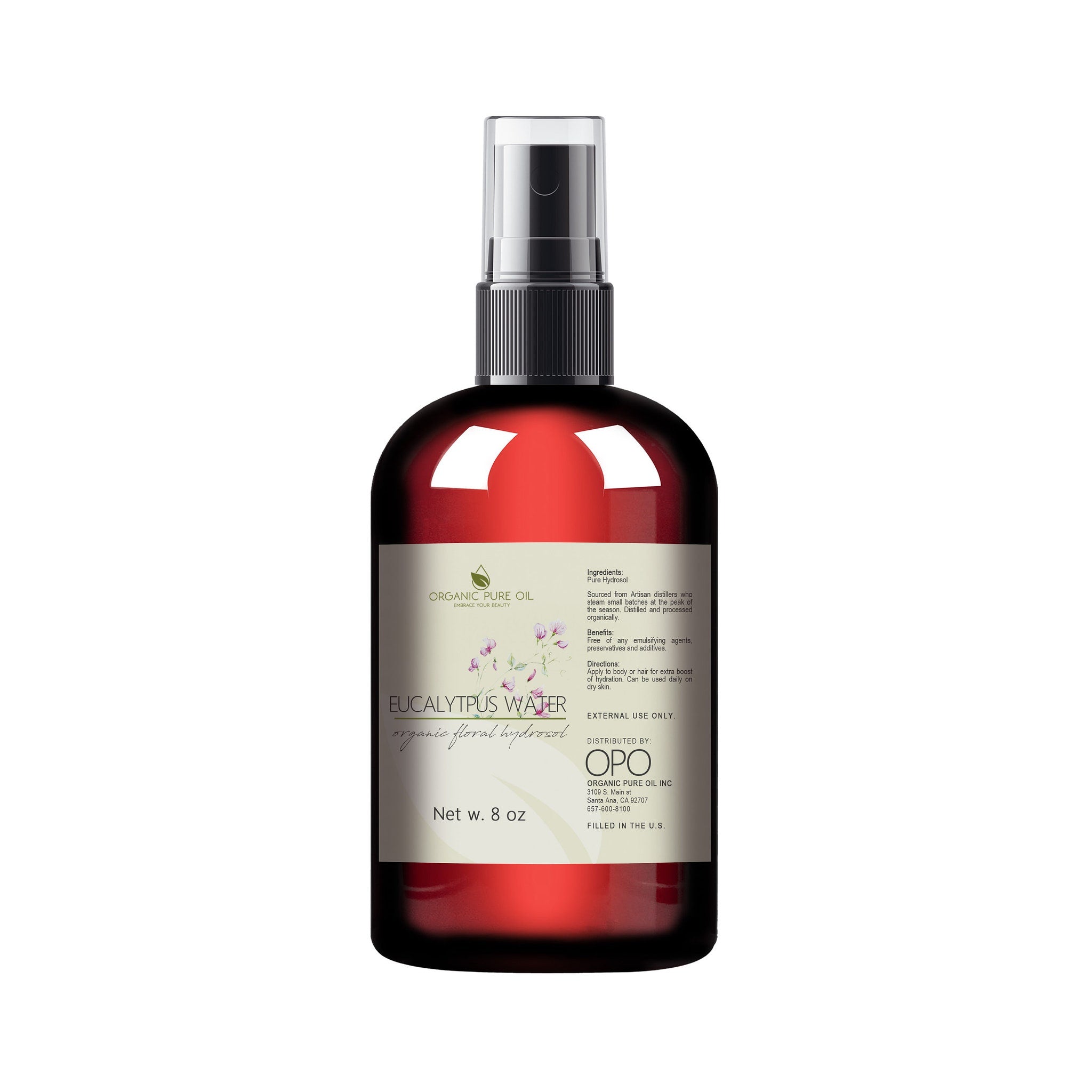 Toner bottle with dark red glass, black cap, and clear sprayer, by OPO