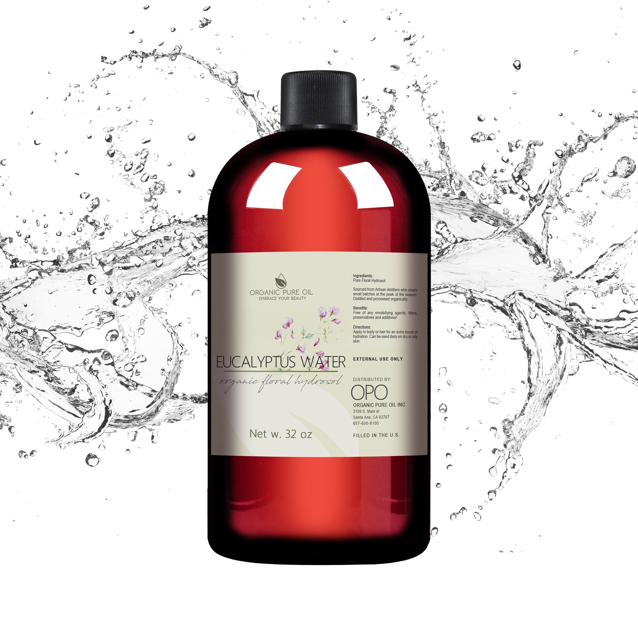 Toner bottle with red glass, black cap, and OPO label, surrounded by water splash