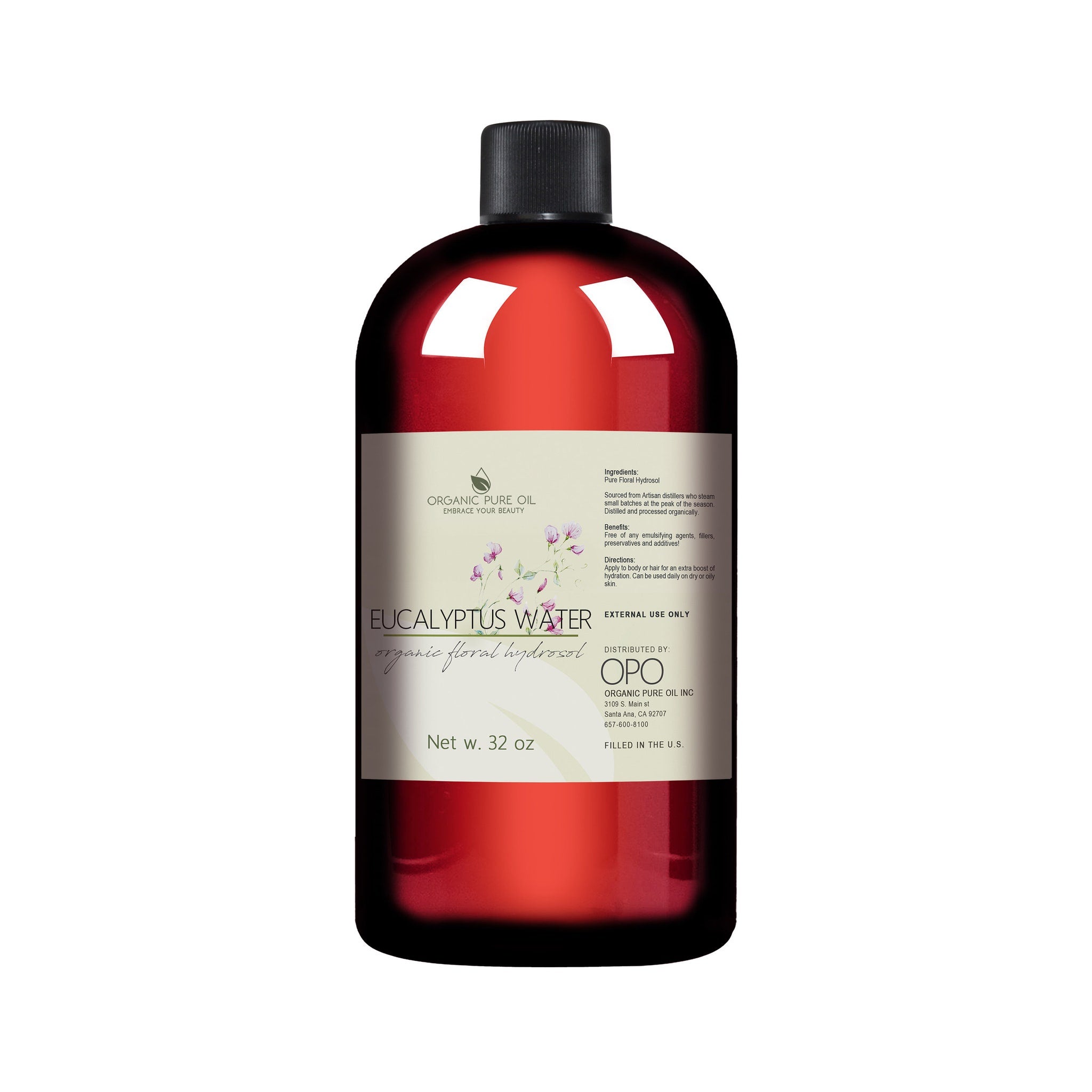 Eucalyptus water bottle with red liquid, black cap, and white label with OPO brand