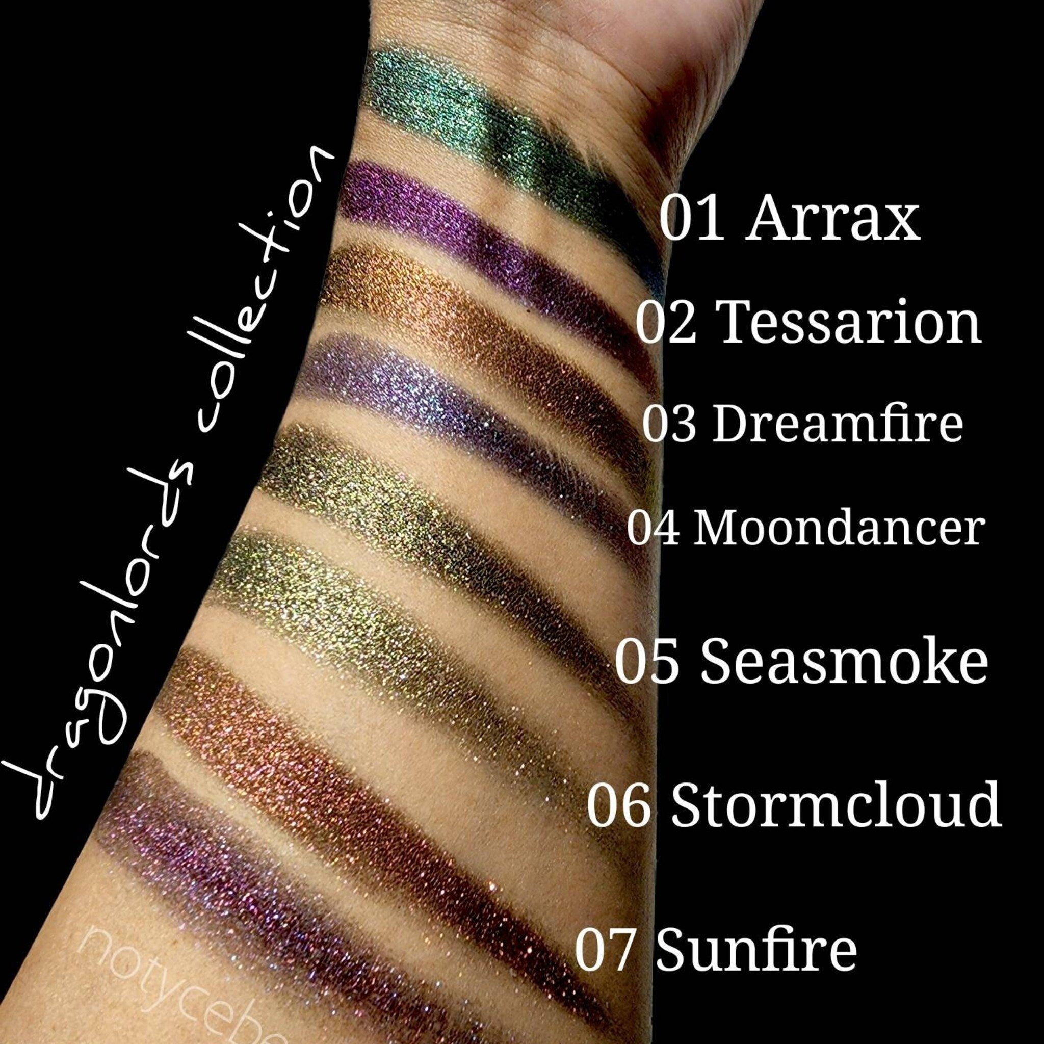 Eyeshadow swatches with glitter, various colors, on skin, with "dragonlords collection" text