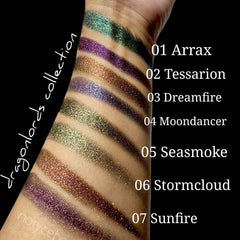 Eyeshadow swatches with glitter, various colors, on skin, with "dragonlords collection" text