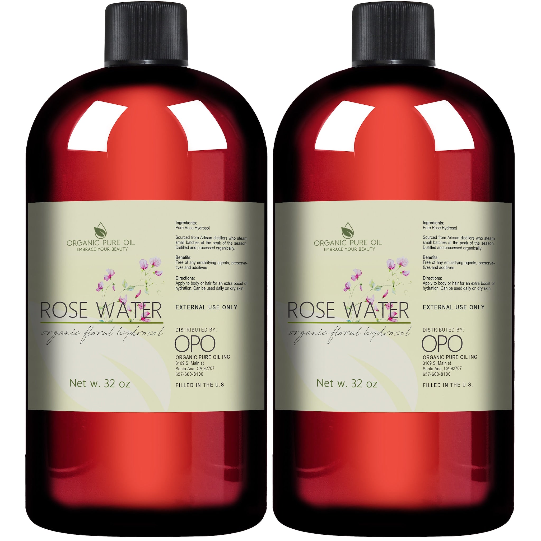 Rose water bottles, red glass with black cap, OPO brand label visible