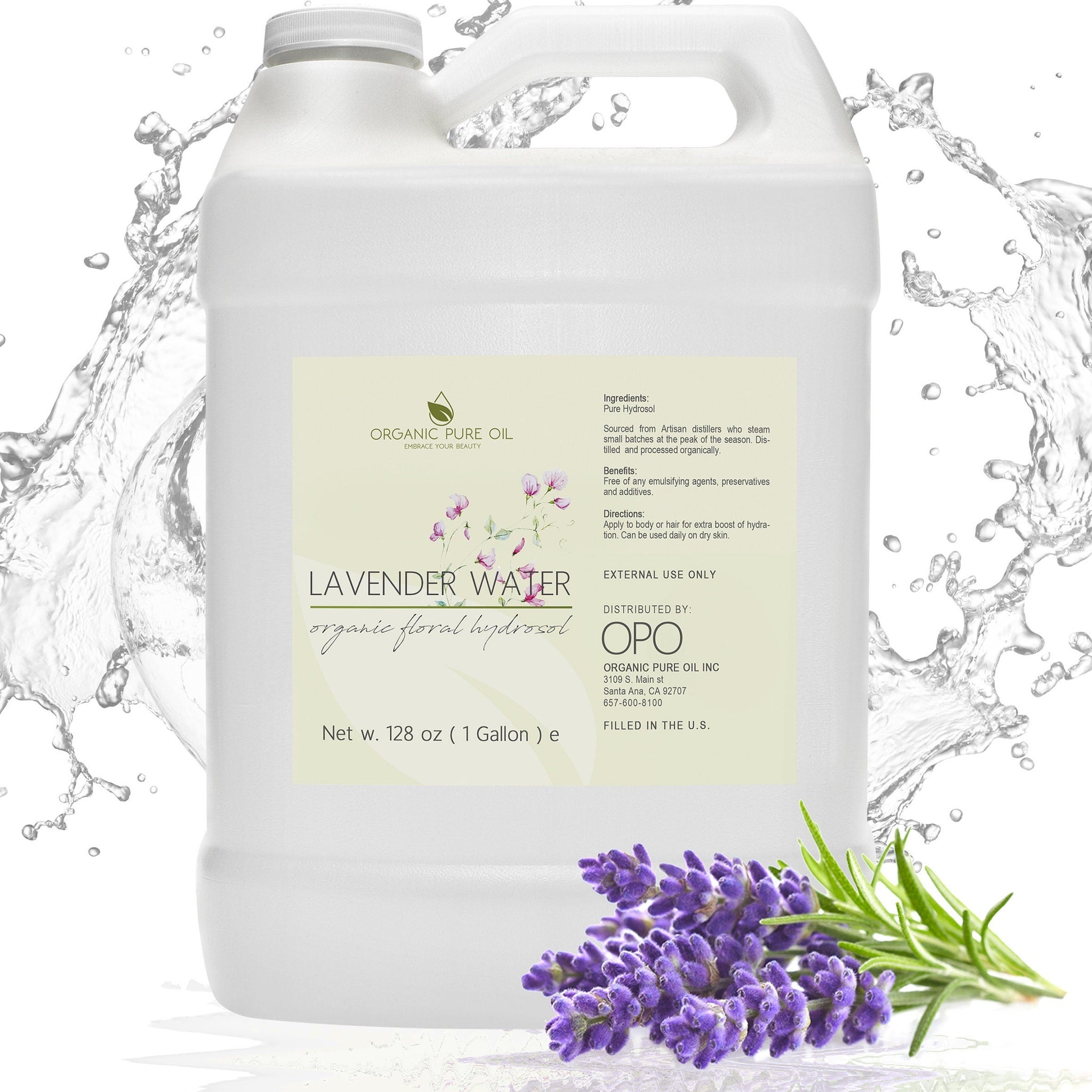 Lavender Water Hydrosol white plastic jug with purple lavender and water splash, Organic Pure Oil brand