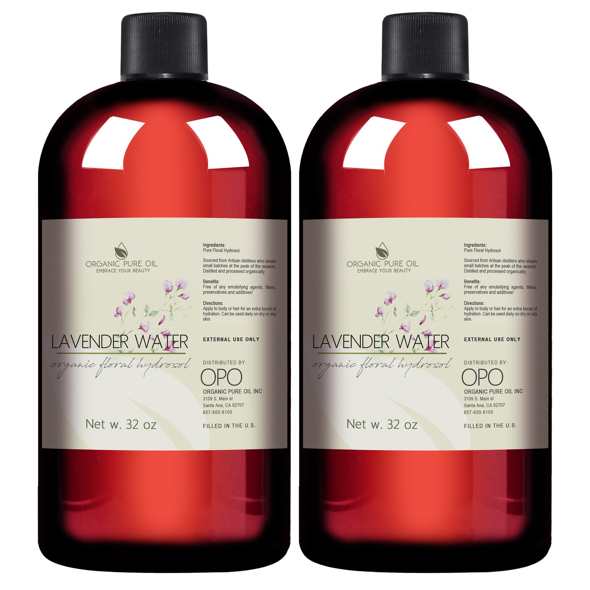 Lavender water bottles with red liquid, black cap, and white label showing OPO brand name