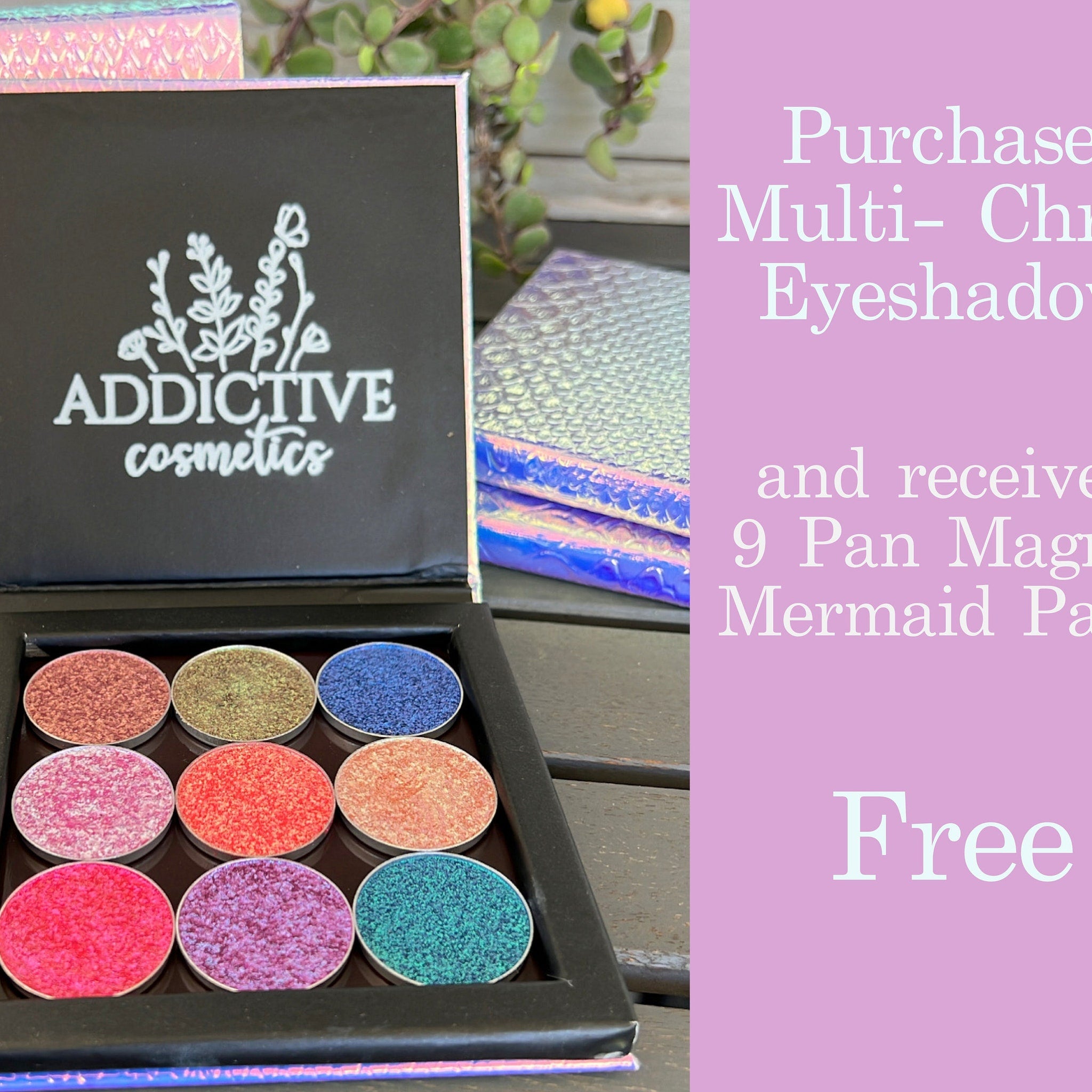 Open compact showcasing holographic multi-chrome eyeshadow pan with mirrored interior and sleek black casing