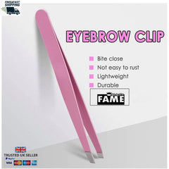 Eyebrow tweezers, pink slanted stainless steel, Fame&Beauty brand