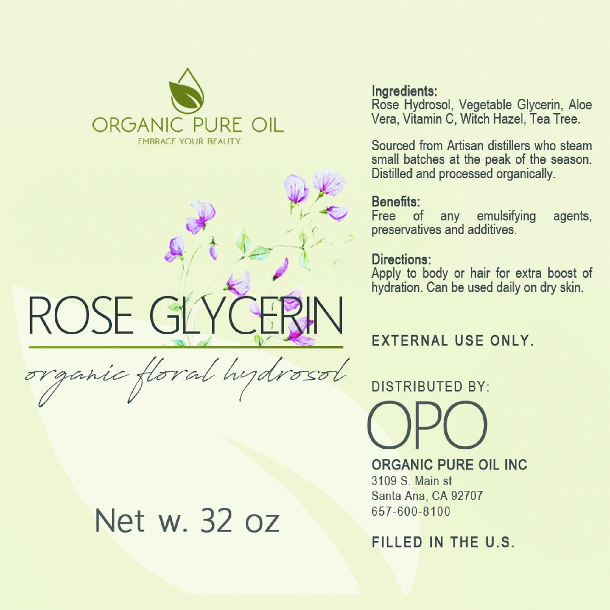 Rose Glycerin product label with green and white background, floral accents, and OPO brand text