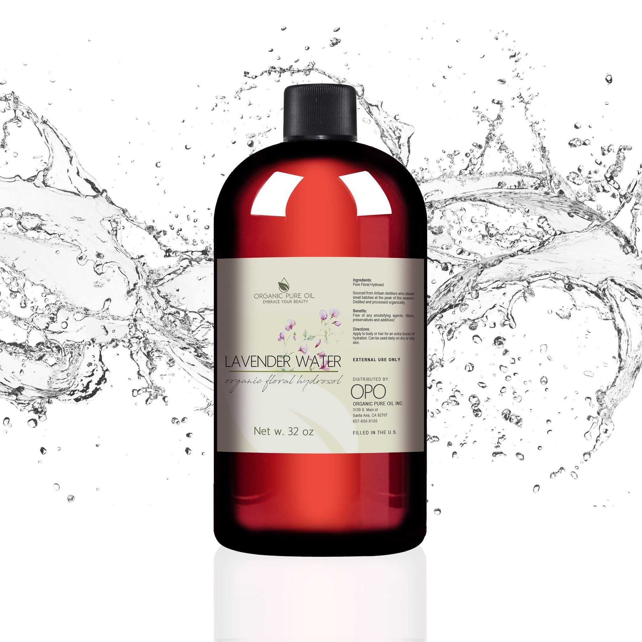Toner bottle with red liquid, black cap, and water splash, by OPO