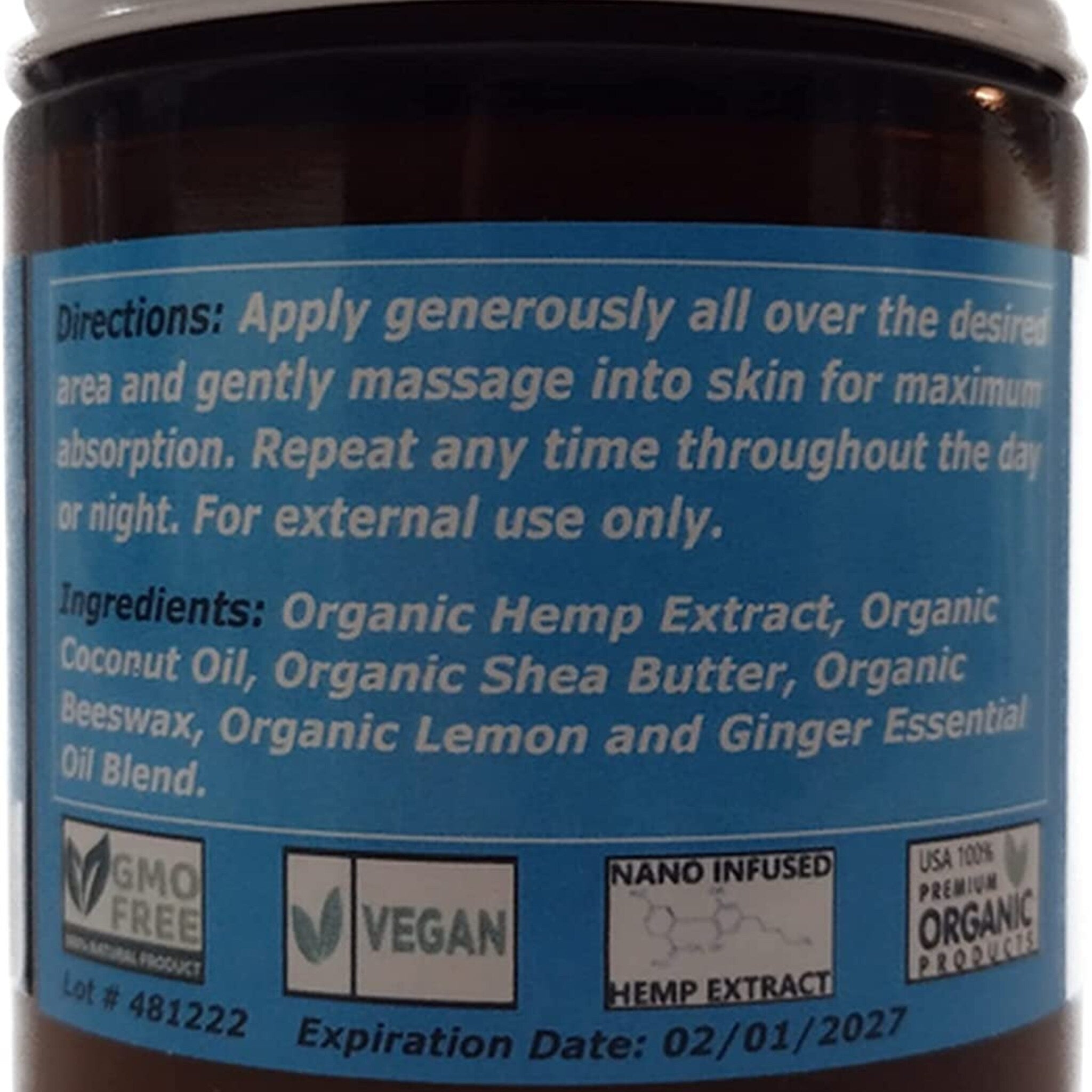 Product label with blue background, white text, and various logos including "Vegan" and "Organic Products