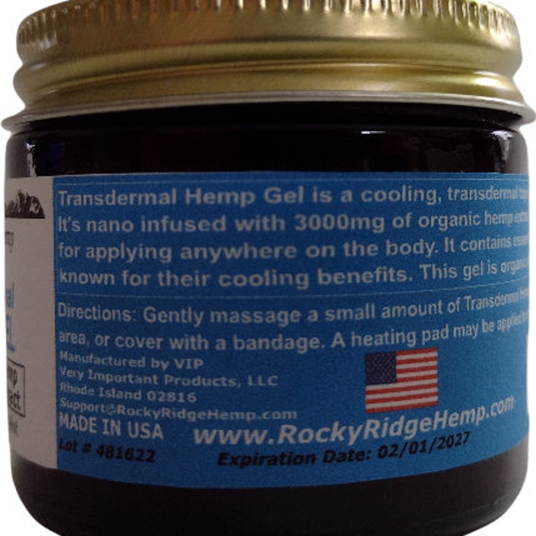 Transdermal Hemp Gel in a glass jar with a gold lid and blue label, from Rocky Ridge Hemp
