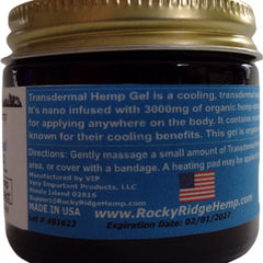 Transdermal Hemp Gel in a glass jar with a gold lid and blue label, from Rocky Ridge Hemp