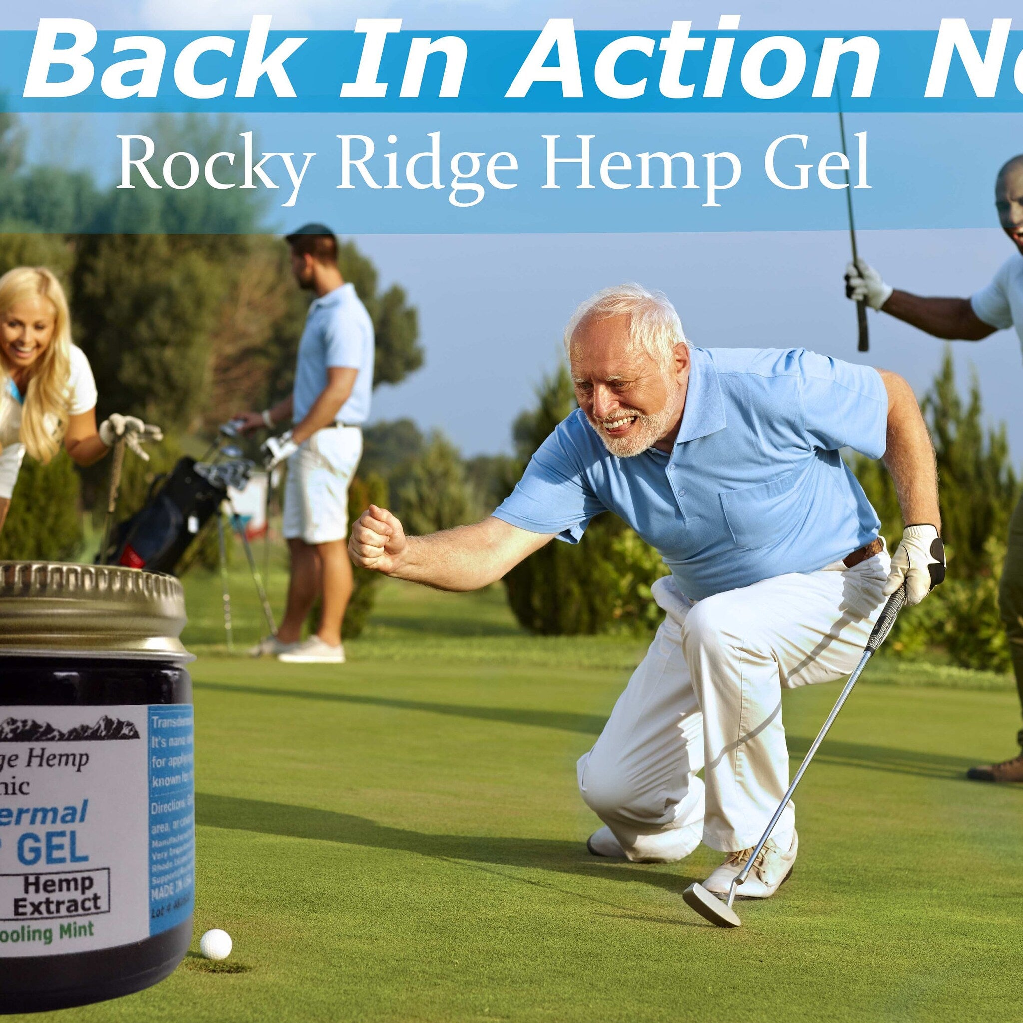 Hemp gel jar with black label, silver lid, and text on golf course with people playing golf