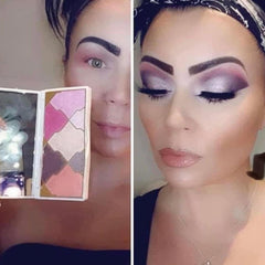 Close-up of makeup brush applying shimmery teal eyeshadow from palette to eyelid