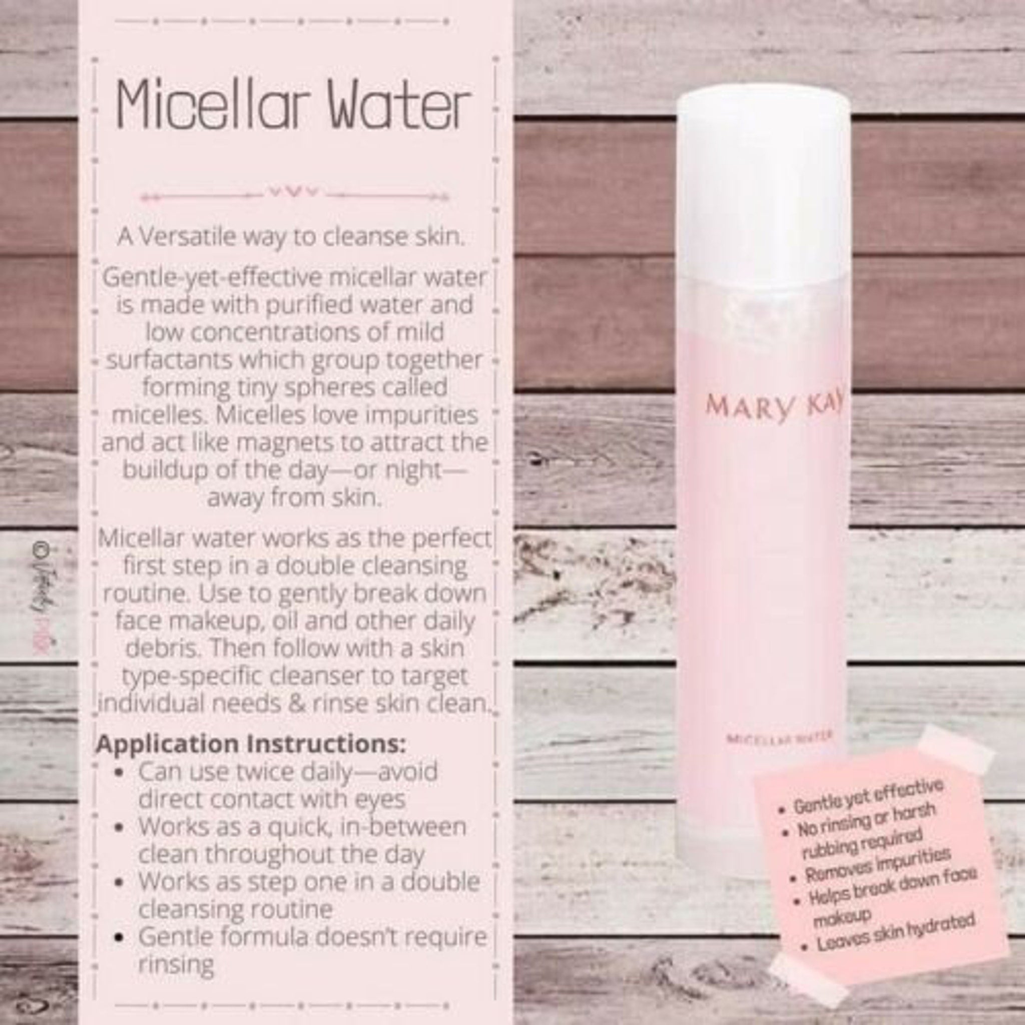 Micellar water bottle, pink and white, with Mary Kay branding, for cleansing skin