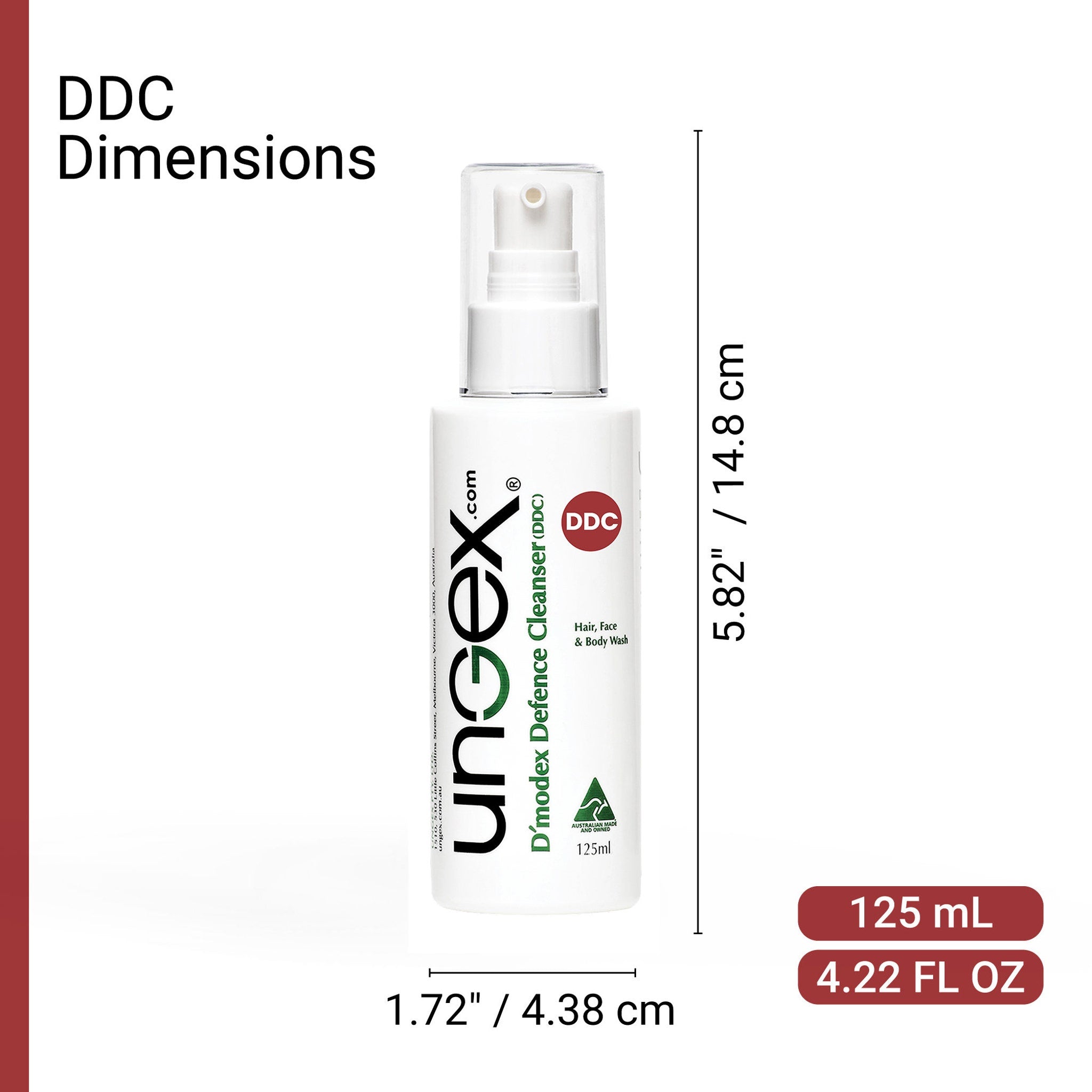 D'modex Defence Cleanser bottle, white and clear plastic, with product dimensions and brand name visible