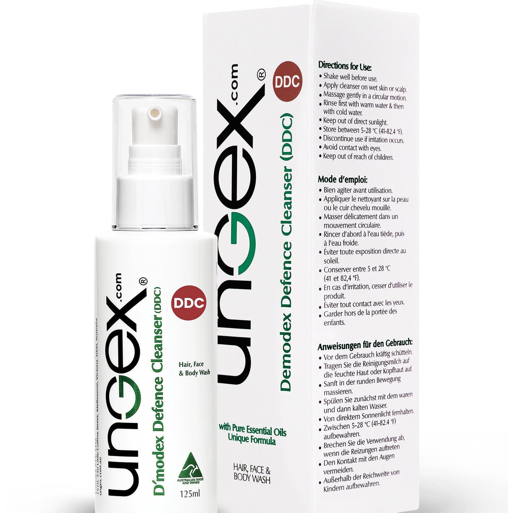 Facial cleanser bottle, white plastic, Ungex brand, with pump top