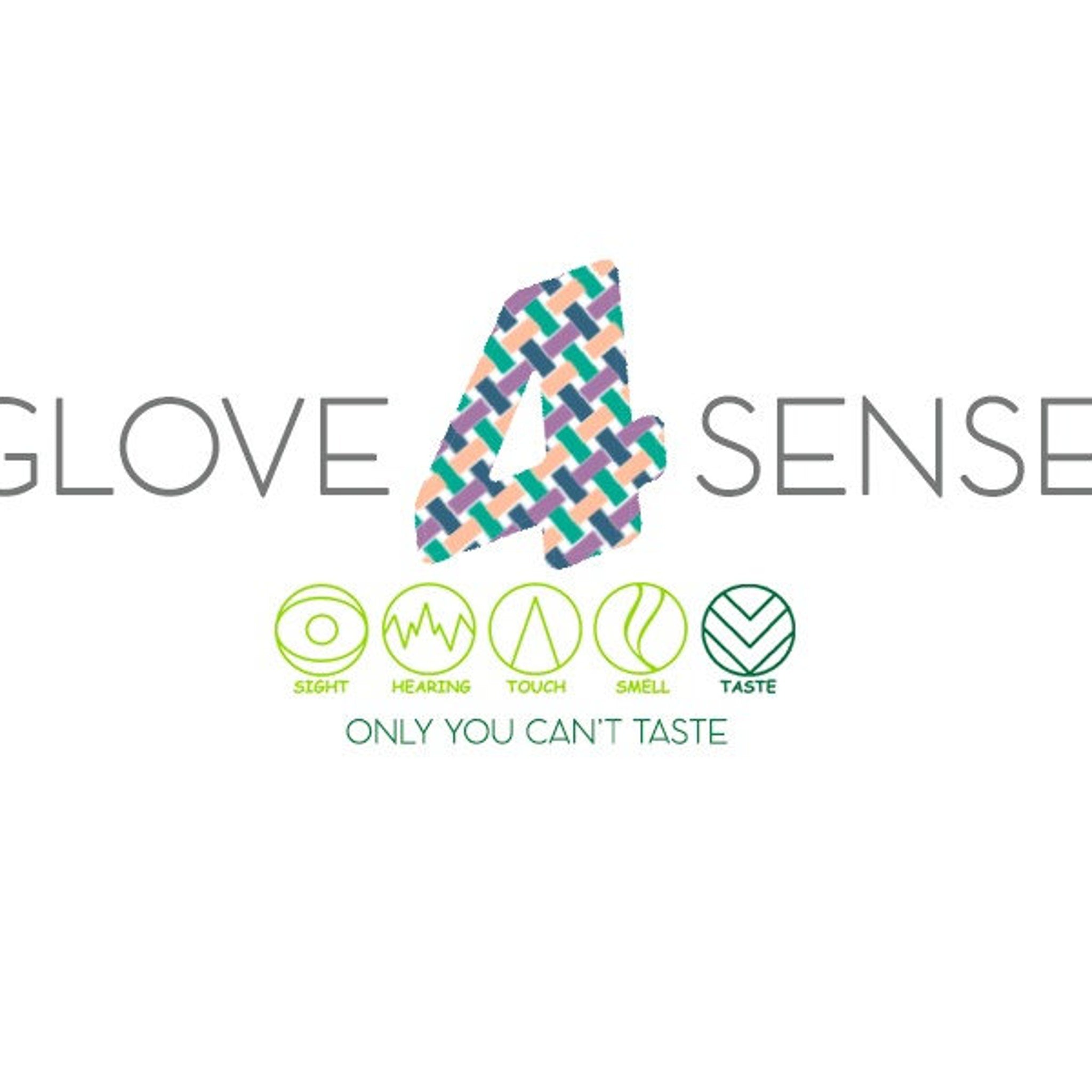Glove 4 Sense logo with colorful woven pattern, text, and icons representing senses