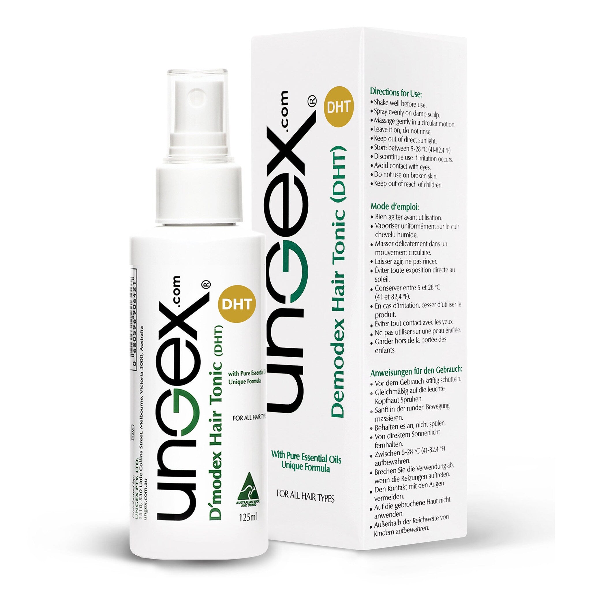 Amber glass bottle of Demodex hair tonic with black dropper and minimalist label for scalp treatment