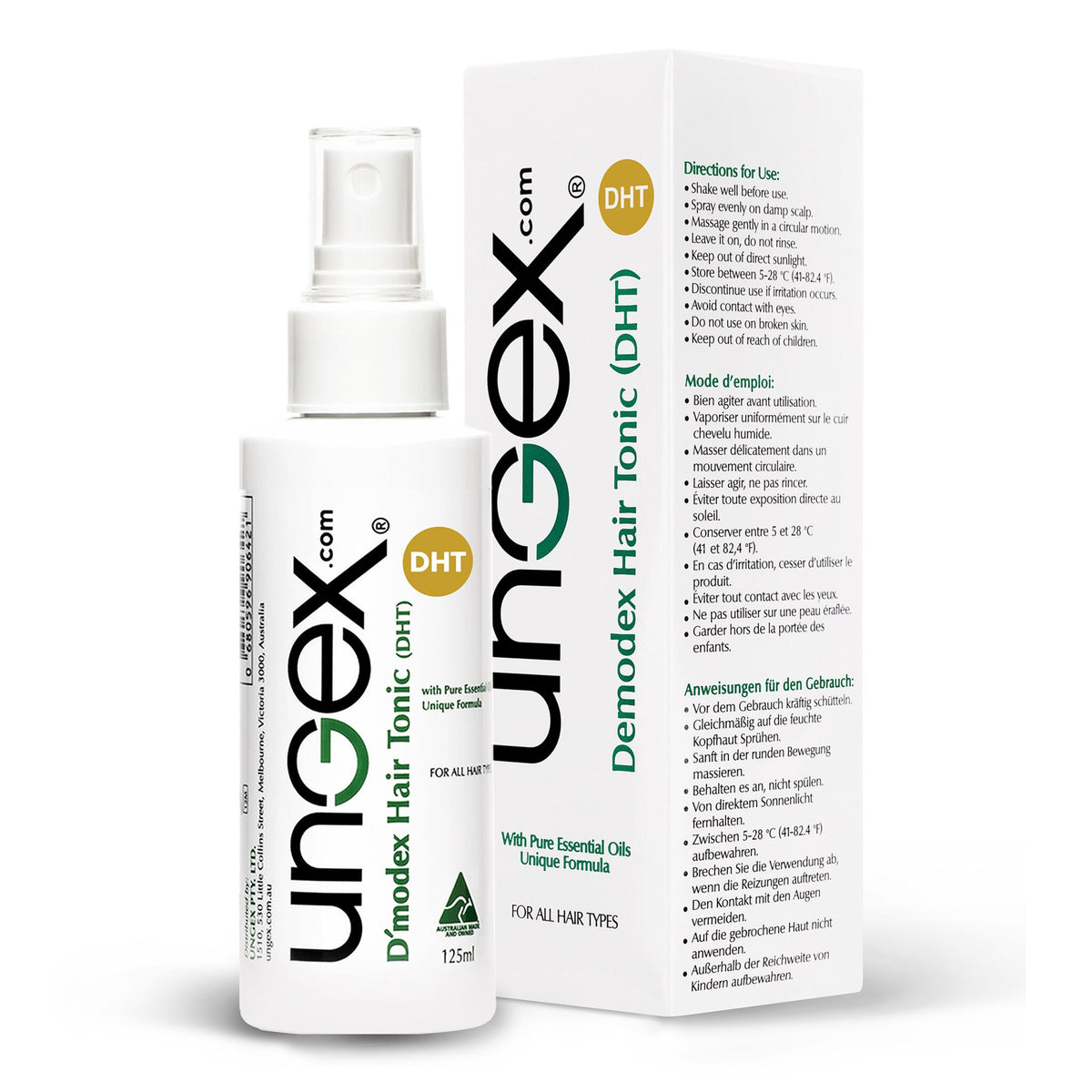 Amber glass bottle of Demodex hair tonic with black dropper and minimalist label for scalp treatment