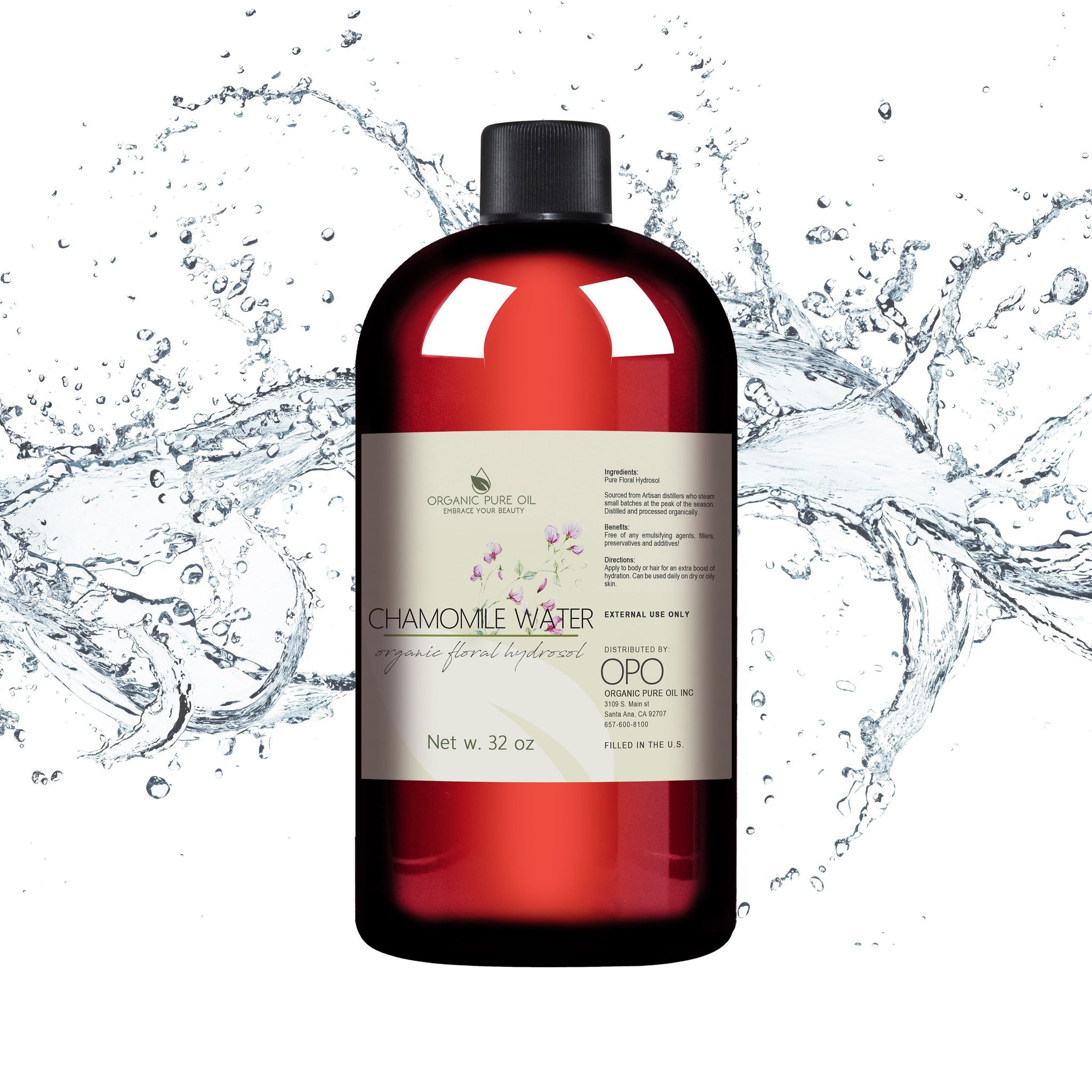 Toner spray bottle, red glass, black cap, with water splash and OPO brand