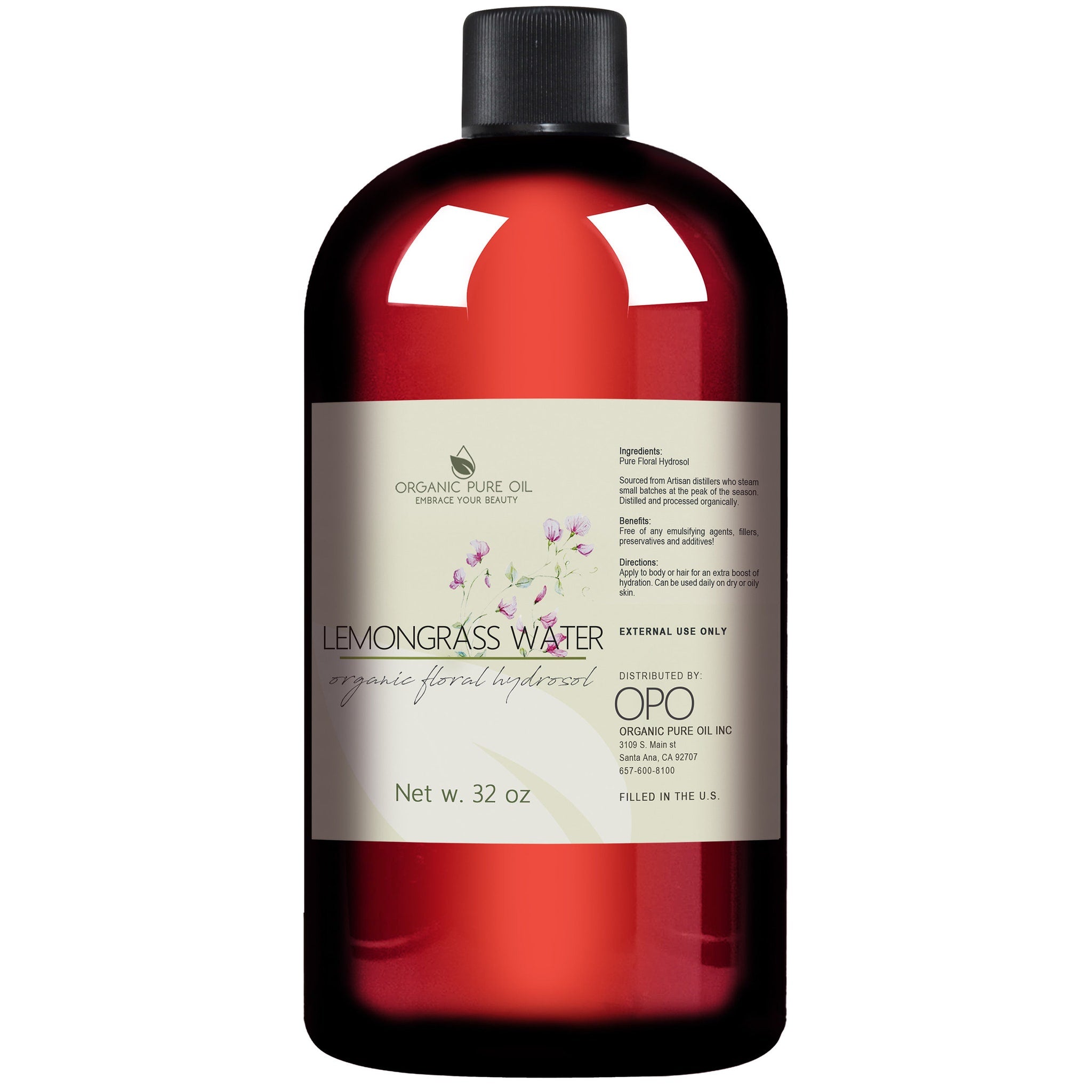 Floral hydrosol bottle with red liquid, black cap, and white label with text and logo