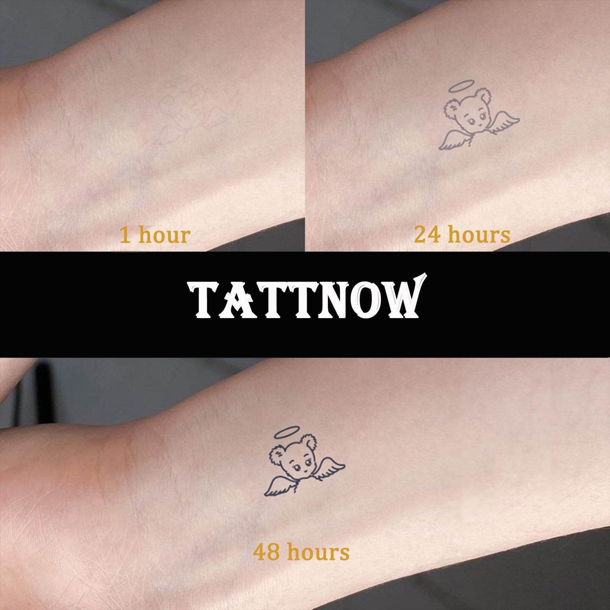 Close-up of semi-permanent tattoo sticker with intricate words sleeve design on skin, showcasing realistic ink details