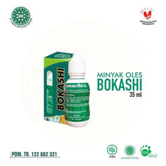 Bokashi rub oil bottle, green and white label, Bokashi brand name visible on packaging