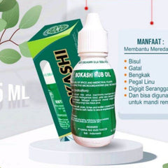 Rub oil bottle with white, green, and pink label, brand name BOKASHI visible