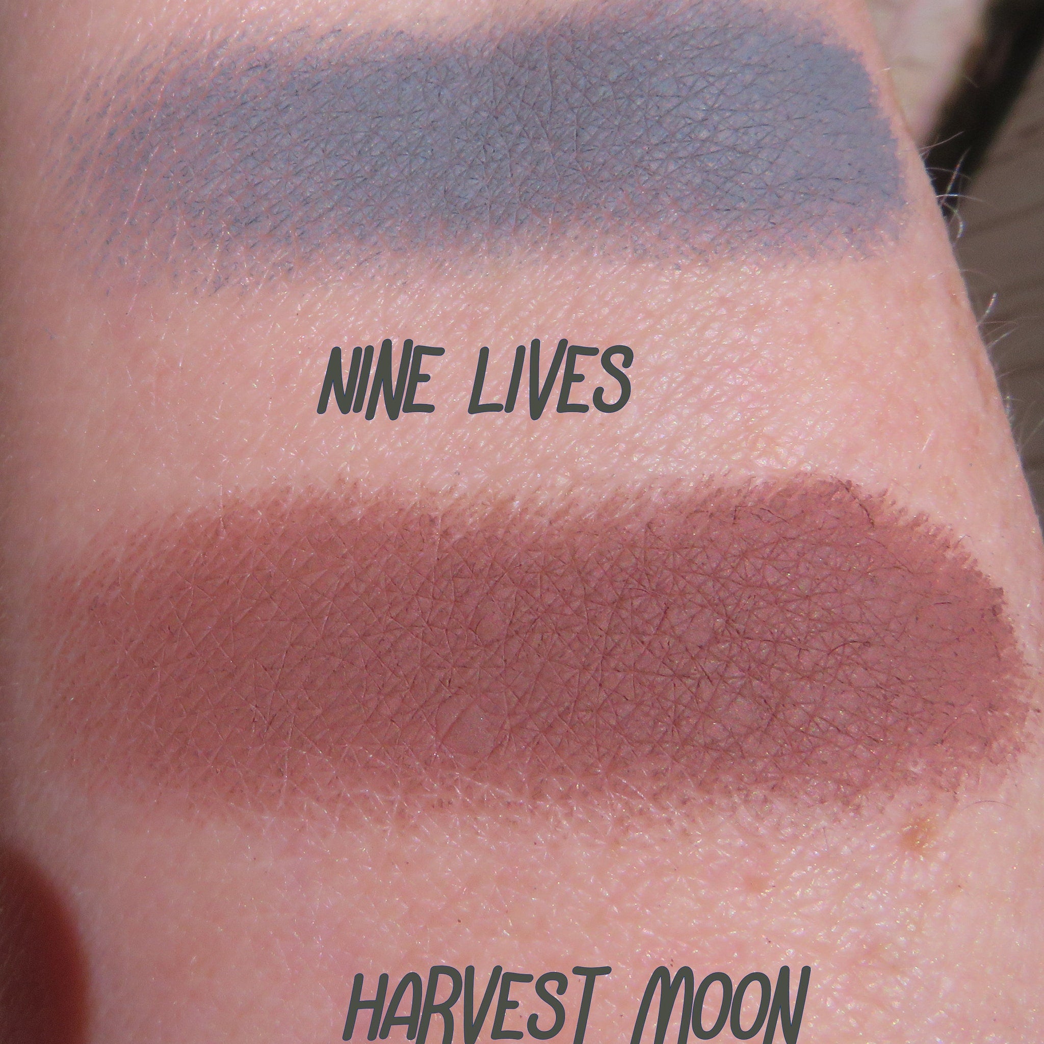 Side view of matte dark brown purple mineral eyeshadow in loose pigment form, showcasing rich color depth and fine texture